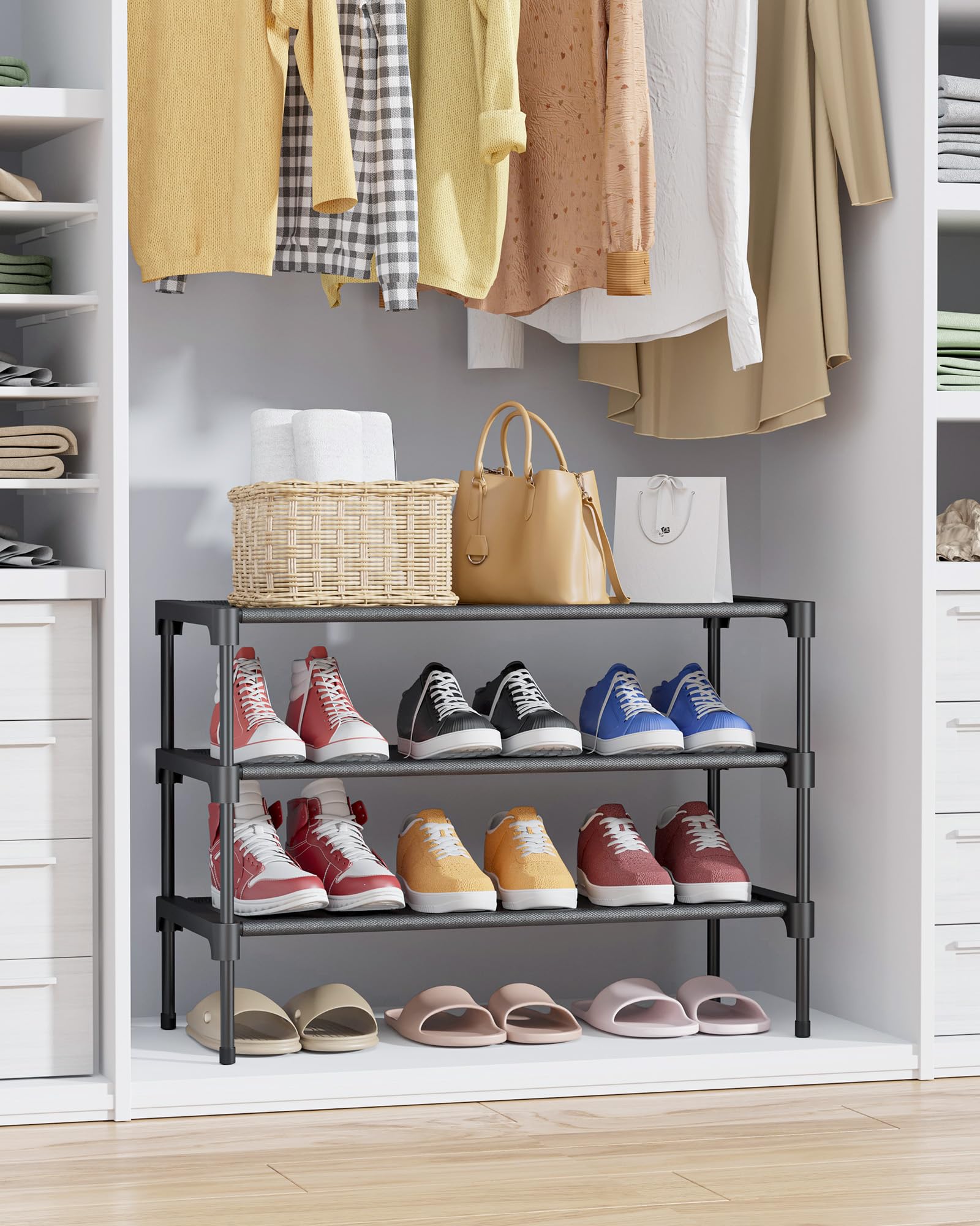 Kitsure Shoe Rack - Non-Woven Shoe Rack Shelf, Shoe Organizer for Closet, Entryway, Garage & Corridor, Stackable Shoe Shelves, 27.5" Wide - 3 Tier, Black