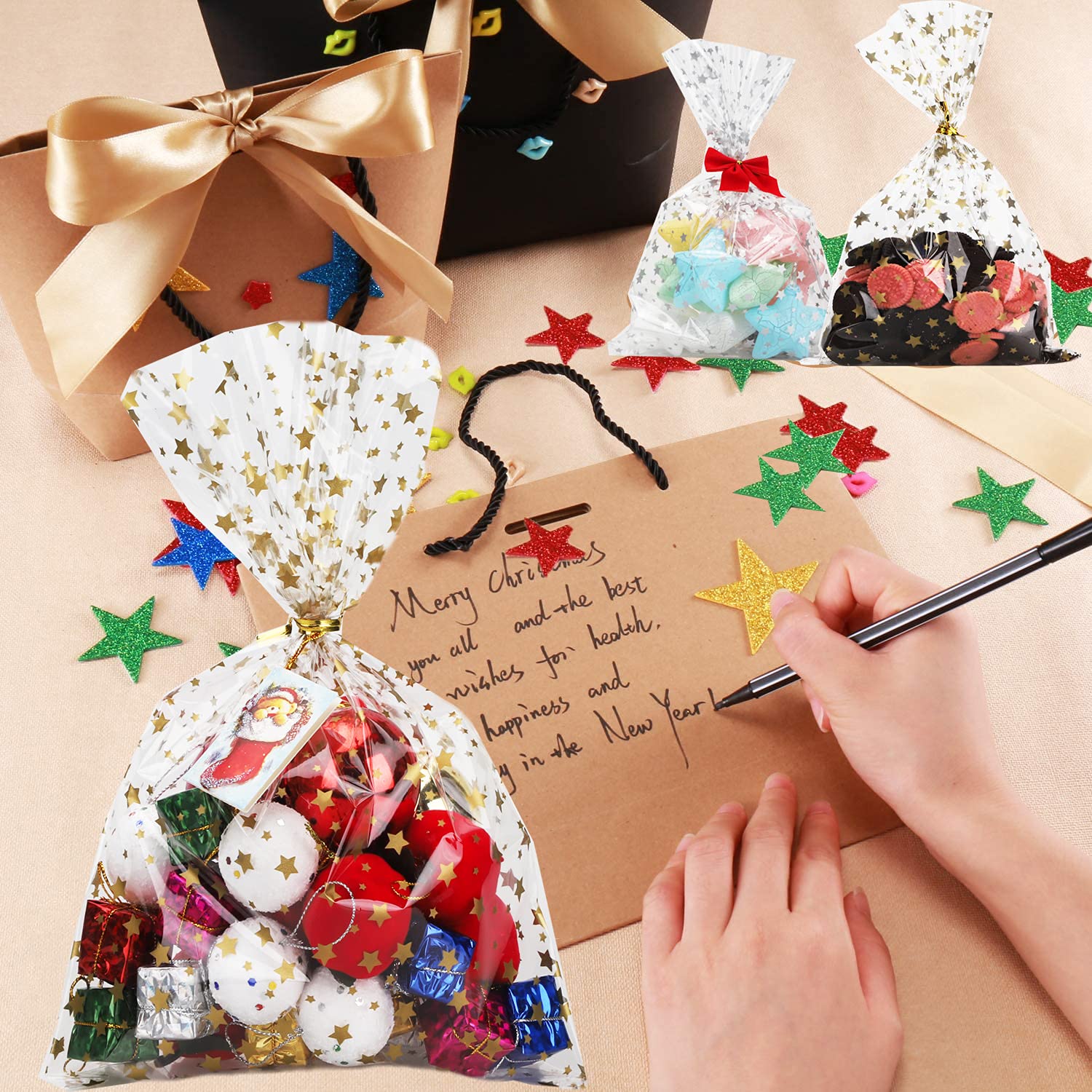 COQOFA 100 Pcs Star Printed 5"X 7" Gift Wrap Cello Cellophane Treat Bags Party Favor bags Clear Candy Cookie Bag Plastic Poly Goodie Storage Bag with Twist Ties for Bakery,Birthday, Wedding ,Party Decorations (Gold)