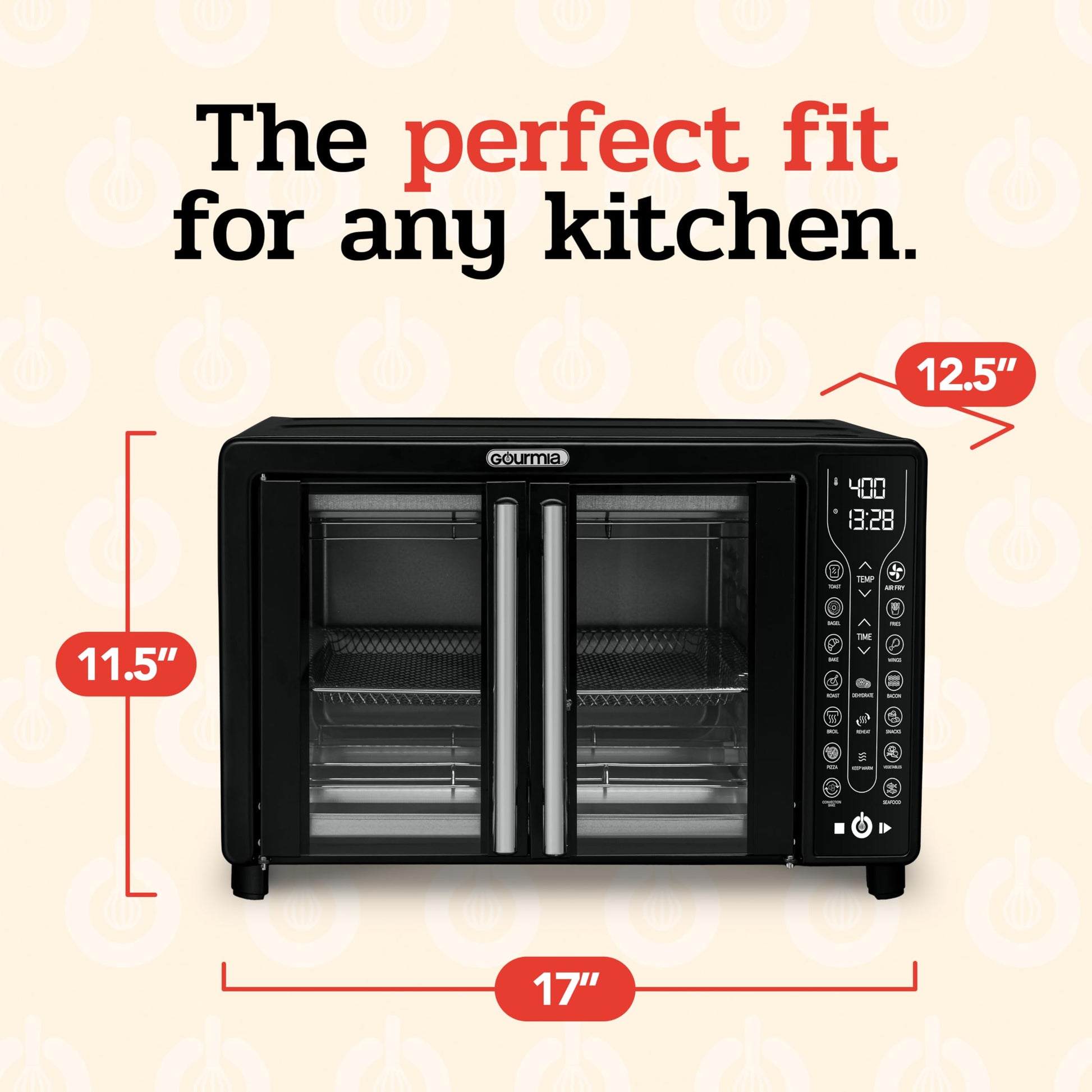 Gourmia Toaster Oven Air Fryer Combo 17 cooking presets 1700W french door digital air fryer oven 24L capacity accessories, convection rack, baking pan tray recipe book GTF7460,Large,Black