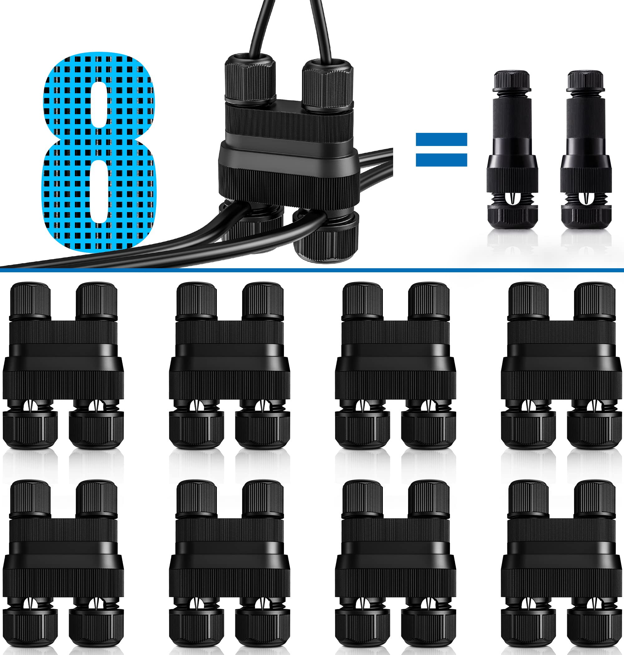 SUNVIE Niedervolt-Drahtverbinder Fastlock2 Landschaftsbeleuchtungs-Drahtverbinder Wasserdichte Niedervolt-Verbinder 12-18 Gauge Landschaftskabelverbinder für Gartenleuchten Wegbeleuchtung, 8er-Pack