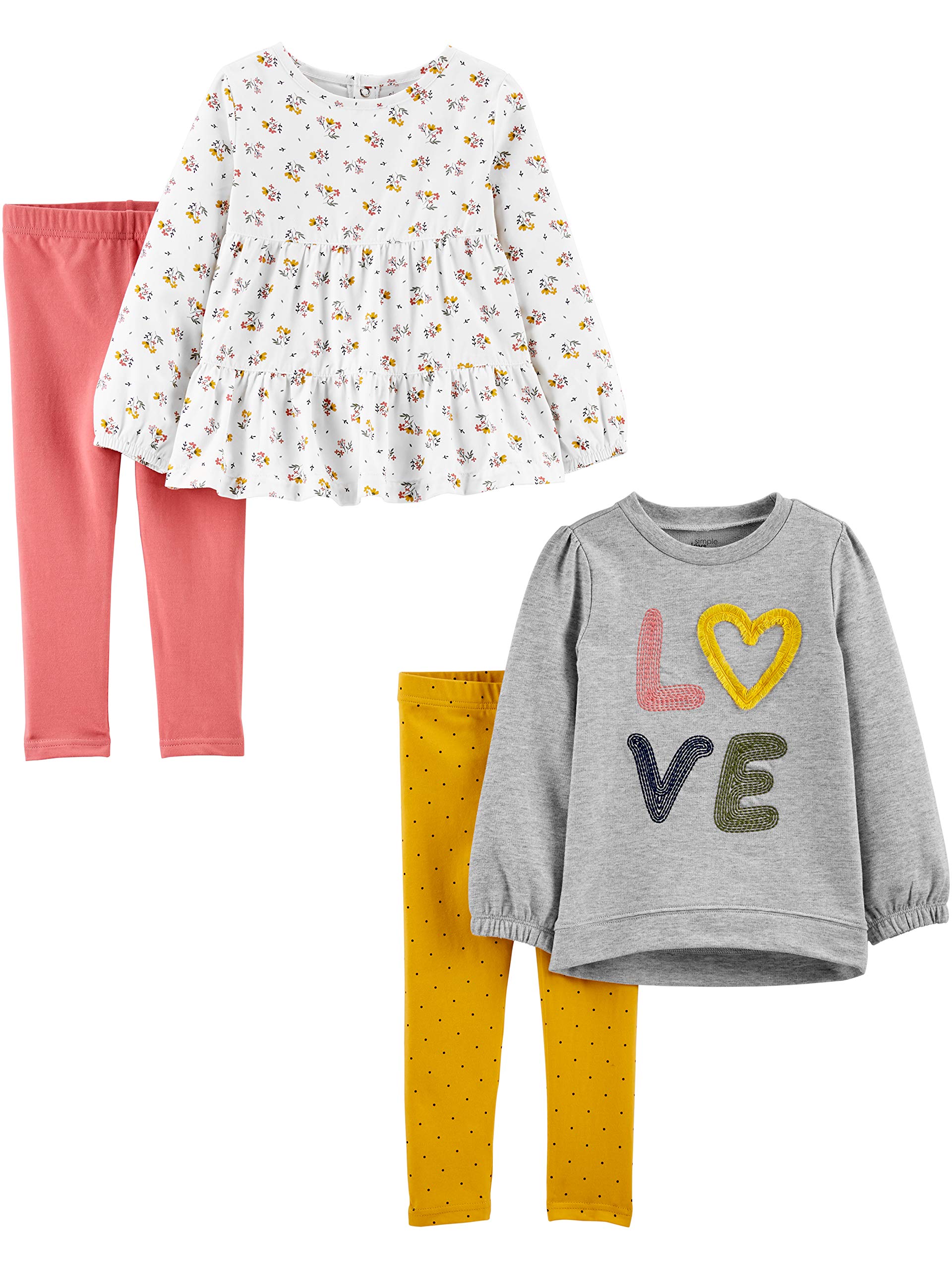 Simple Joys by Carter's Toddler Girls' 4-Piece Long-Sleeve Shirts and Pants Playwear Set, Grey Love/Pink/White Floral/Yellow Dots, 4T