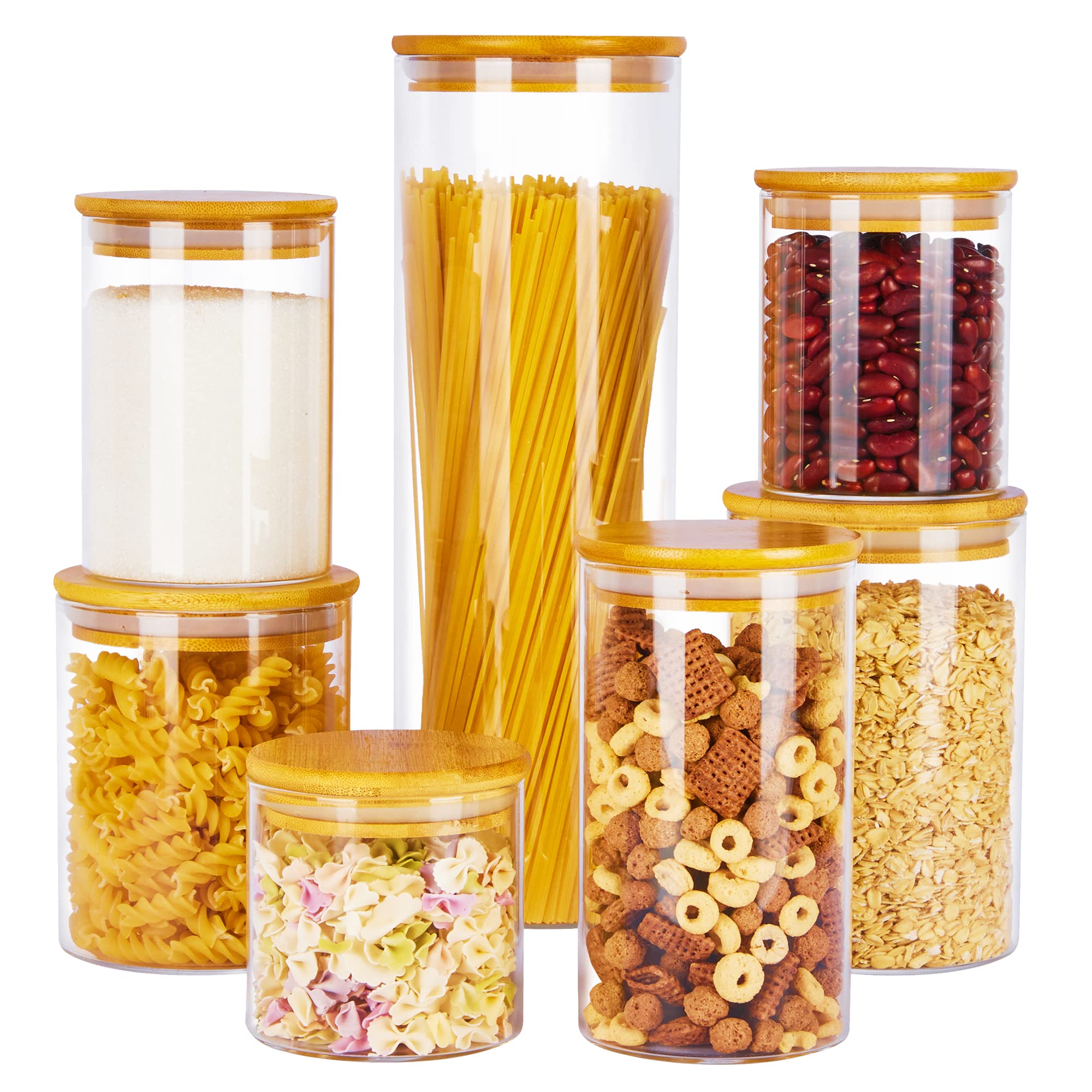 Vtopmart Vorratsgläser, 7er-Set Küchenbehälter mit luftdichten Bambusholzdeckeln für Pasta, Kekse, Nüsse, Kaffeebohnen, Müsli, Kanister-Set für Mehl, Speisekammer-Organisation, BPA-frei