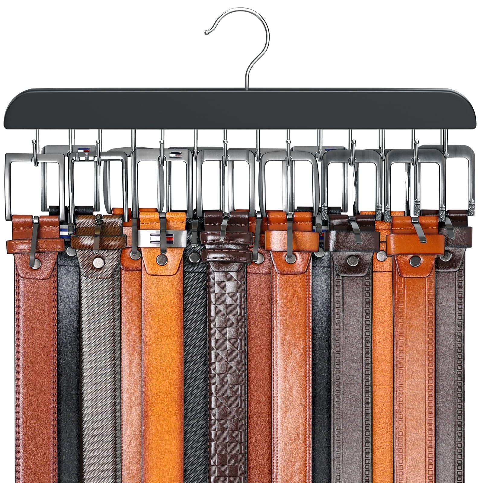 Gürtelhalter für den Kleiderschrank, max. 42 Gürtel, stabiles Gürtelregal aus Holz, Kleiderschrankzubehör mit 14 Haken, Gürtel-Organizer für Kleiderschrank-Organizer und Aufbewahrung – Schwarz, 1 Stück