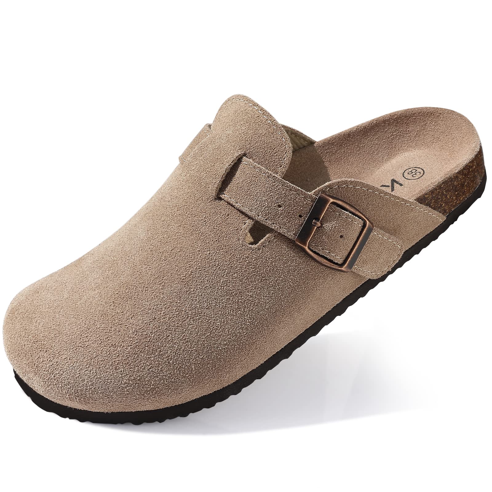 KIDMI Women's Genuine Suede Clogs Cork Footbed Sandals Leather Mules Potato Shoes with Arch Support Taupe 40 (Size 8.5)