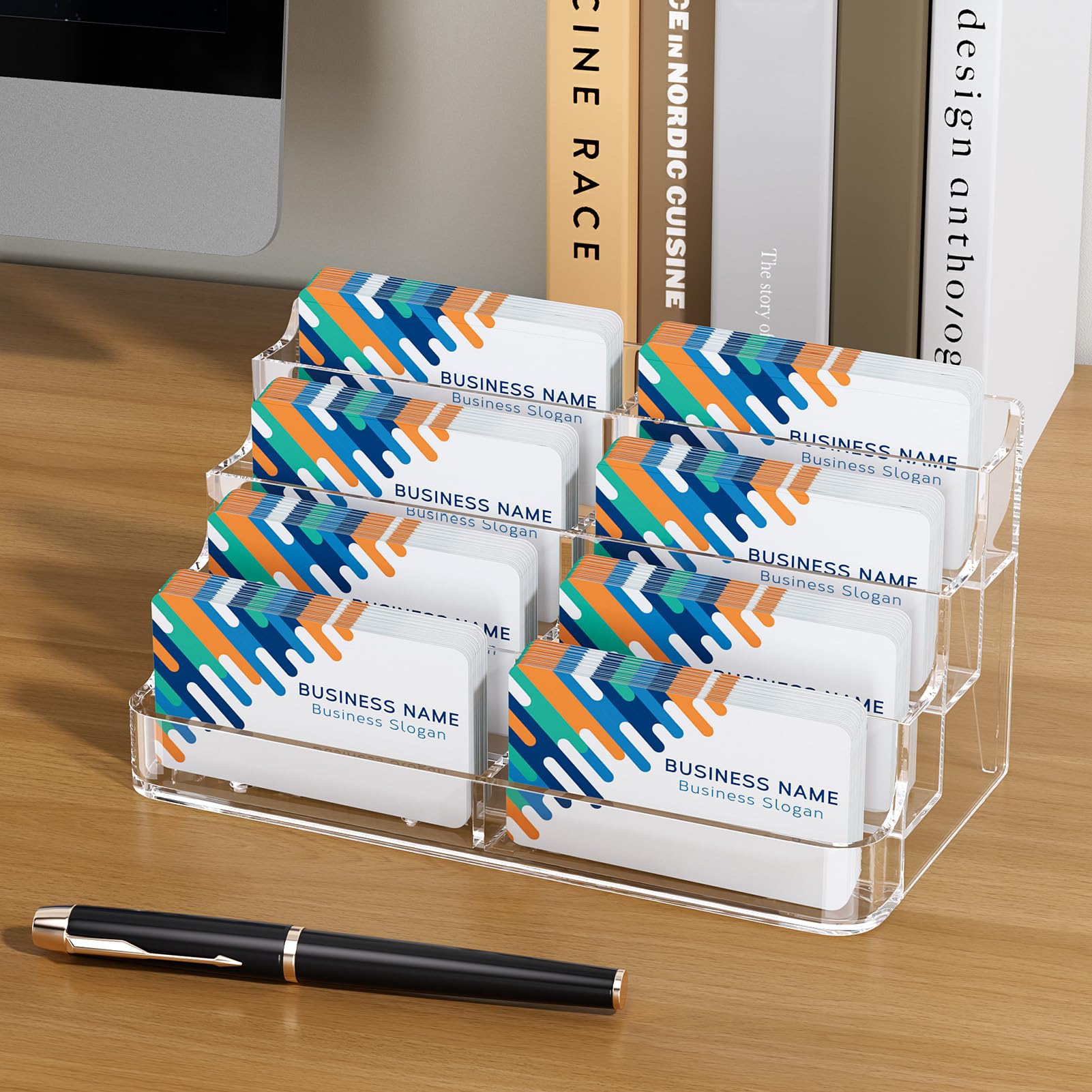 MaxGear Acrylic Business Card Holder for Desk Multiple Business Card Holders, Premium Cards Stand for Workspace, Clear Plastic Display Holder with 4 Tier for Office, 8 Pocket, 400 Cards Capacity