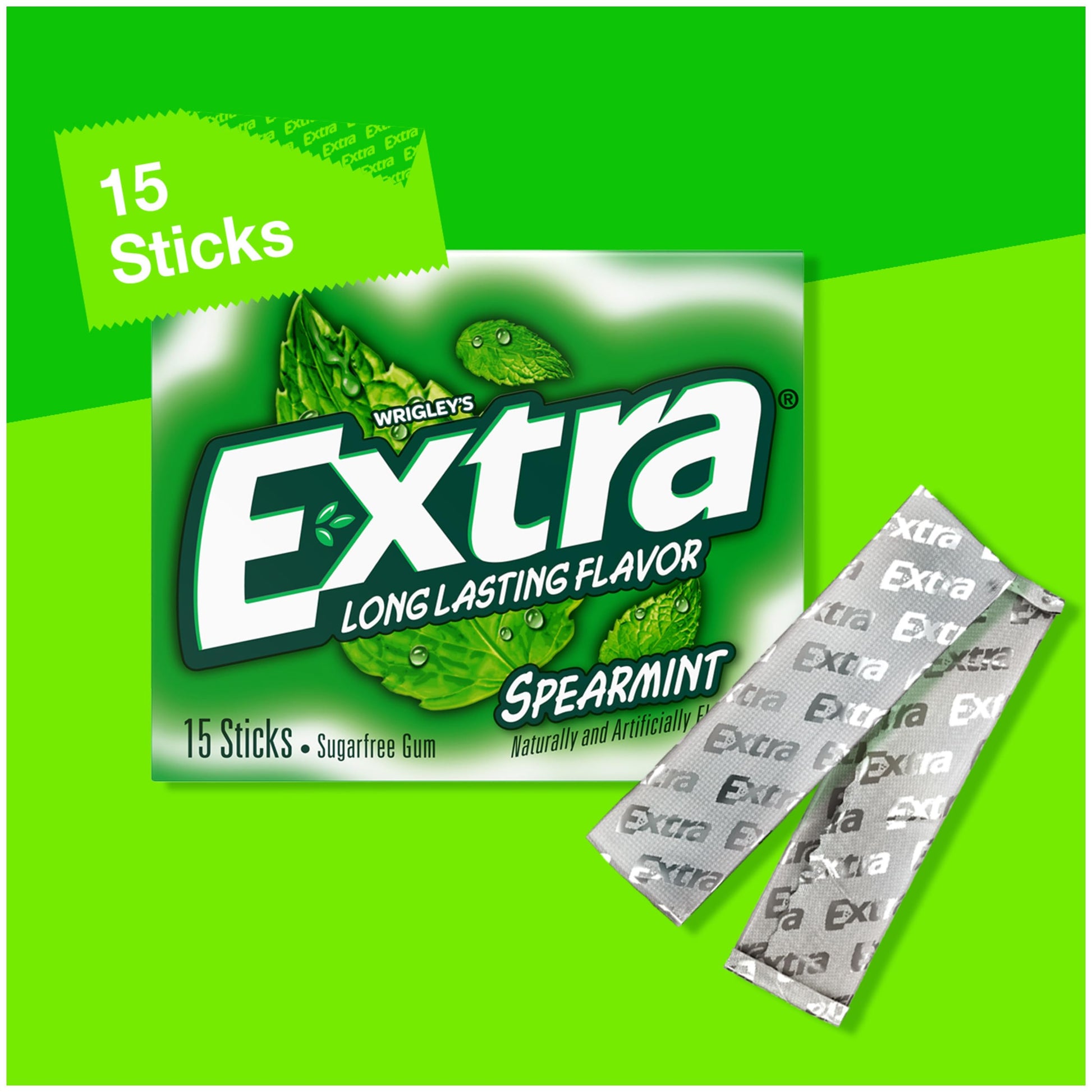 Extra Gum Spearmint Sugarfree Gum Bulk, Individually Wrapped, Perfect for Fresh Breath at School, Work, and Travel 15 Count, Pack of 10