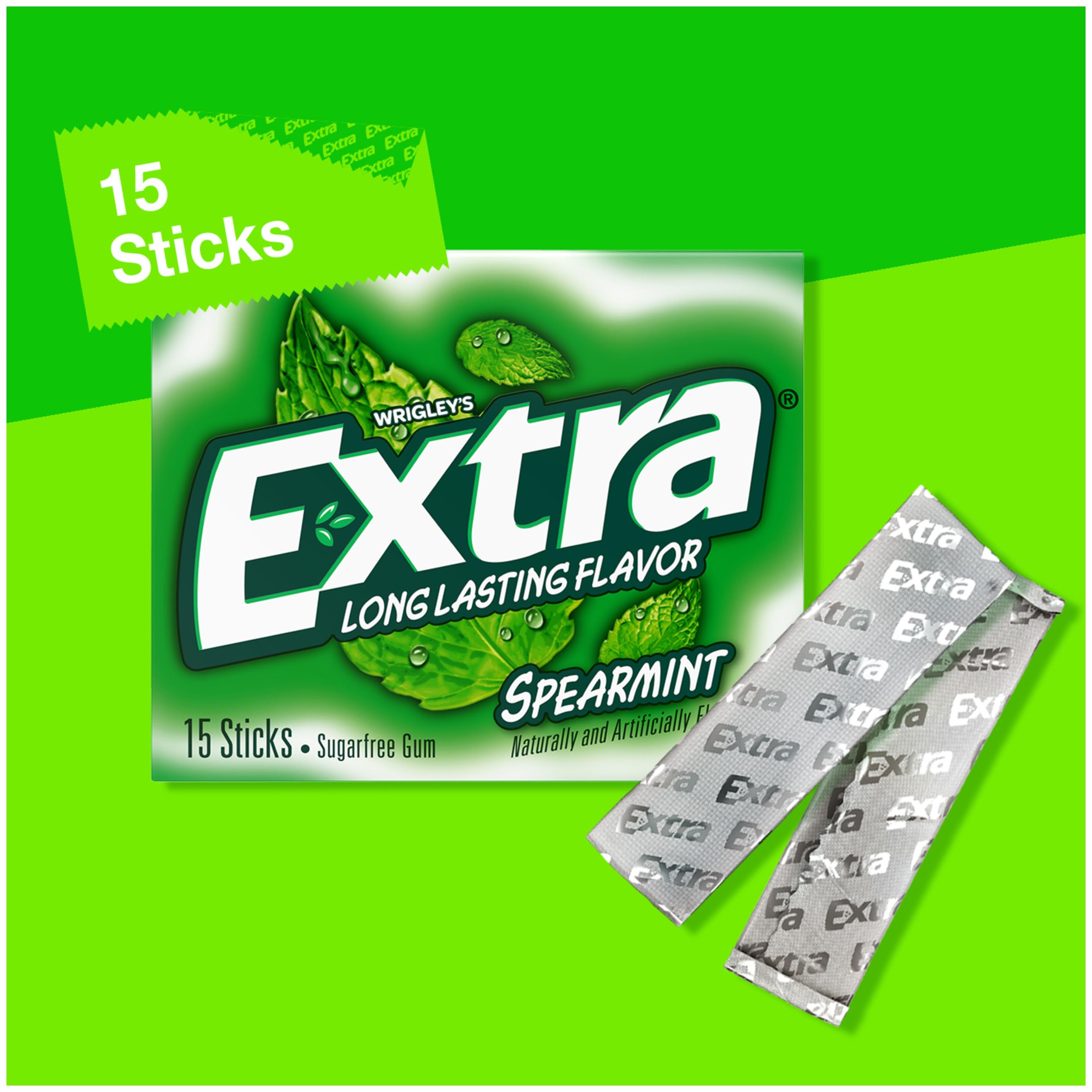Extra Gum Spearmint Sugarfree Gum Bulk, Individually Wrapped, Perfect for Fresh Breath at School, Work, and Travel 15 Count, Pack of 10