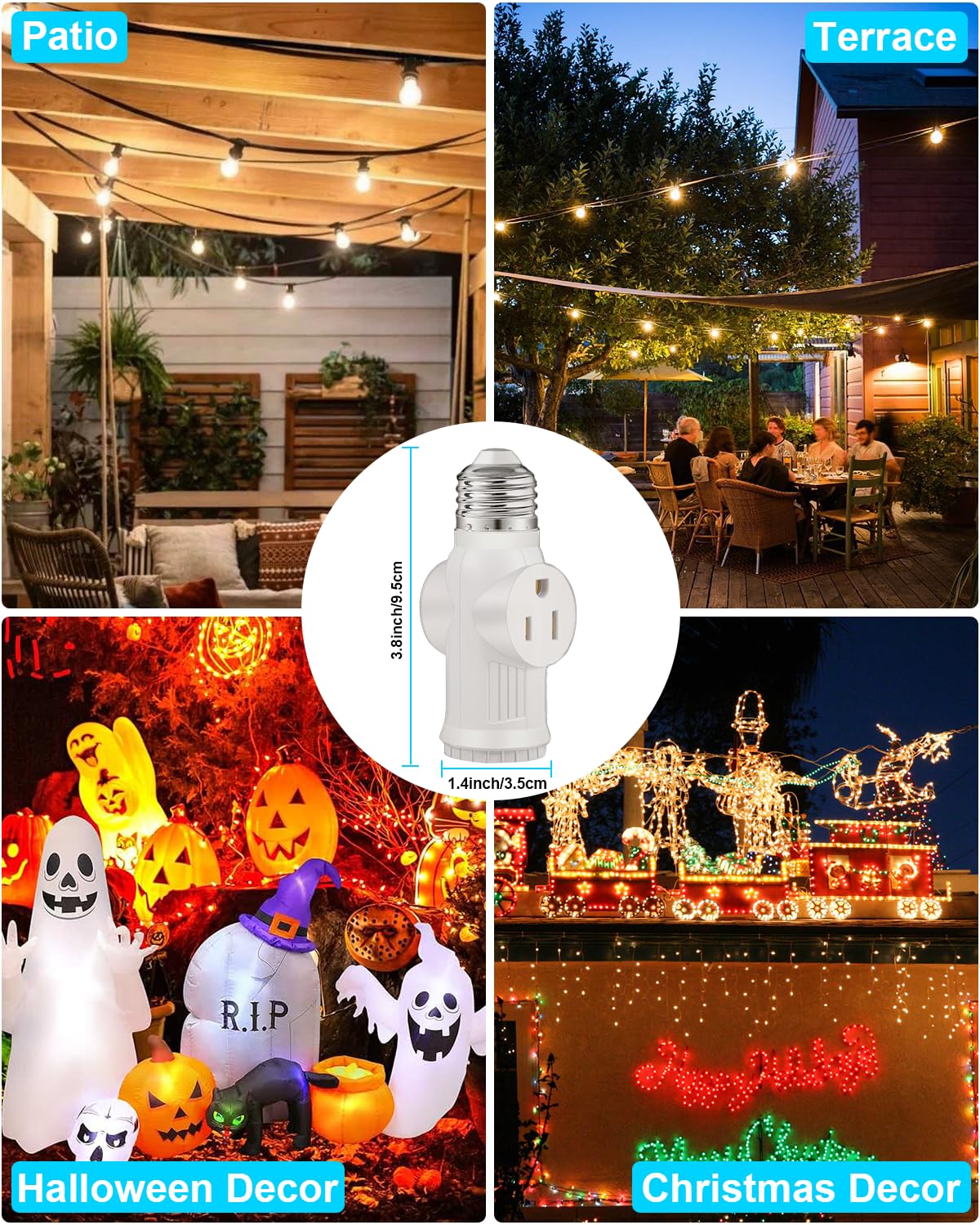 Light Socket Outlet Adapter, 3 Prong Light Socket Adapter, Polarized Light Bulb Outlet Socket, to Plug Adapter for Garage Porch (White, 2)