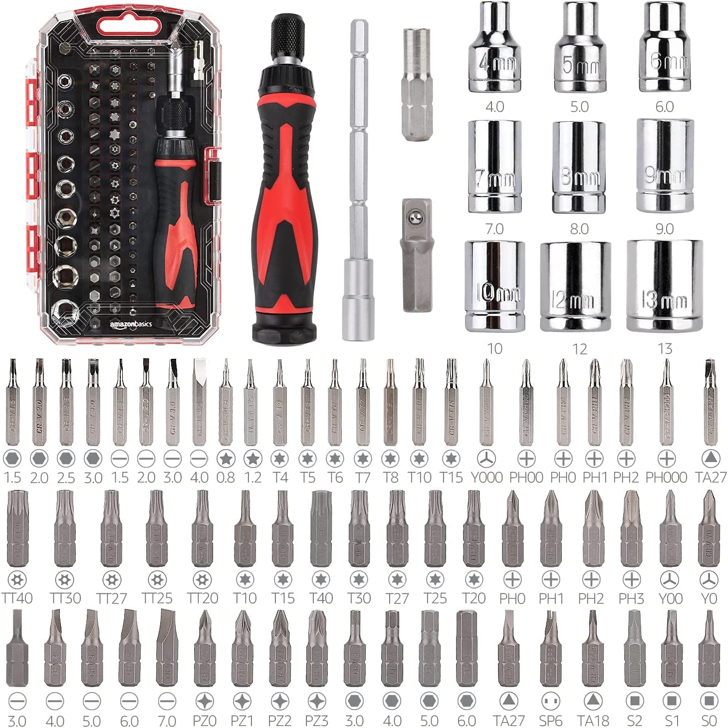 Amazon Basics Magnetischer Ratschenschlüssel und Elektronik-Präzisionsschraubendreher-Set, 73-teilig (1er-Pack), Schwarz/Rot/Silber