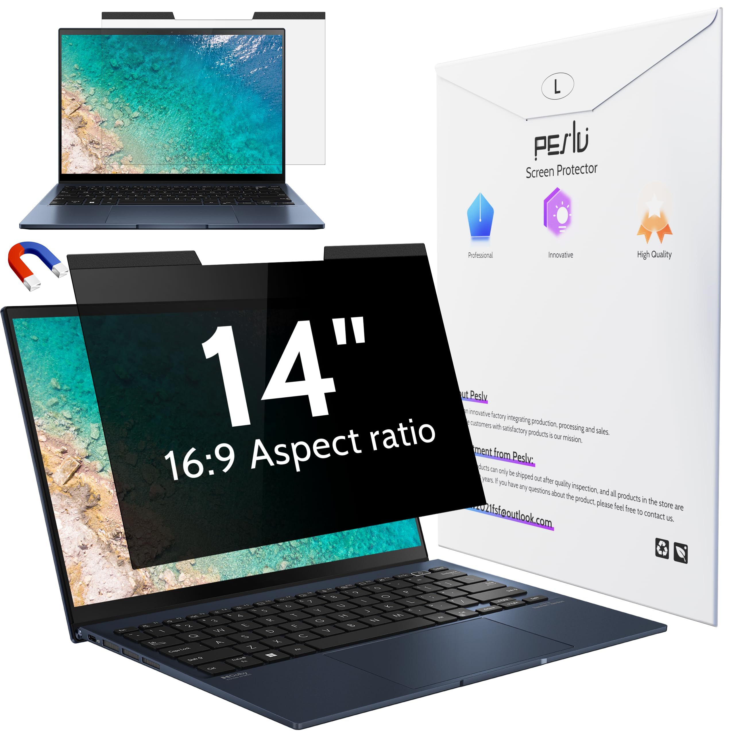 Peslv Magnetic Laptop Privacy Screen 14 inch for 16:9 Computer Monitor, 14" Removable Anti Glare Protector Blue Light Filter Shield Compatible with Lenovo Hp Dell Acer Asus Thinkpad Envy Xps