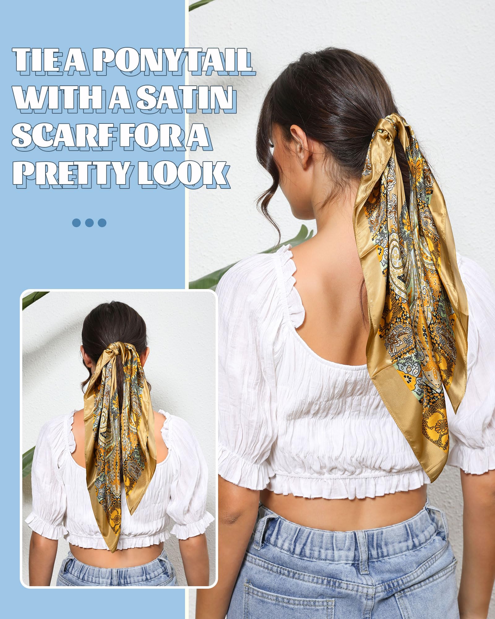 AWAYTR 35” Large Square Satin Head Scarf - 3Pcs Hair Scarves Bandana Beach Silk Feeling Headscarf for Women Hair