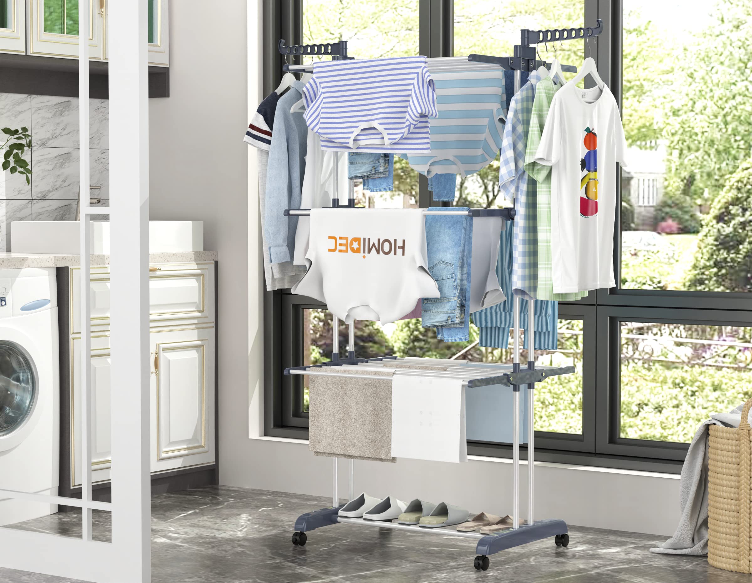 HOMIDEC Clothes Drying Rack, Oversized 4-Tier(67.7" High) Foldable Stainless Steel Drying Rack Clothing, Movable Drying Rack with 4 castors, 24 Drying Poles and 14 Hooks for Bed Linen, Clothing, Grey