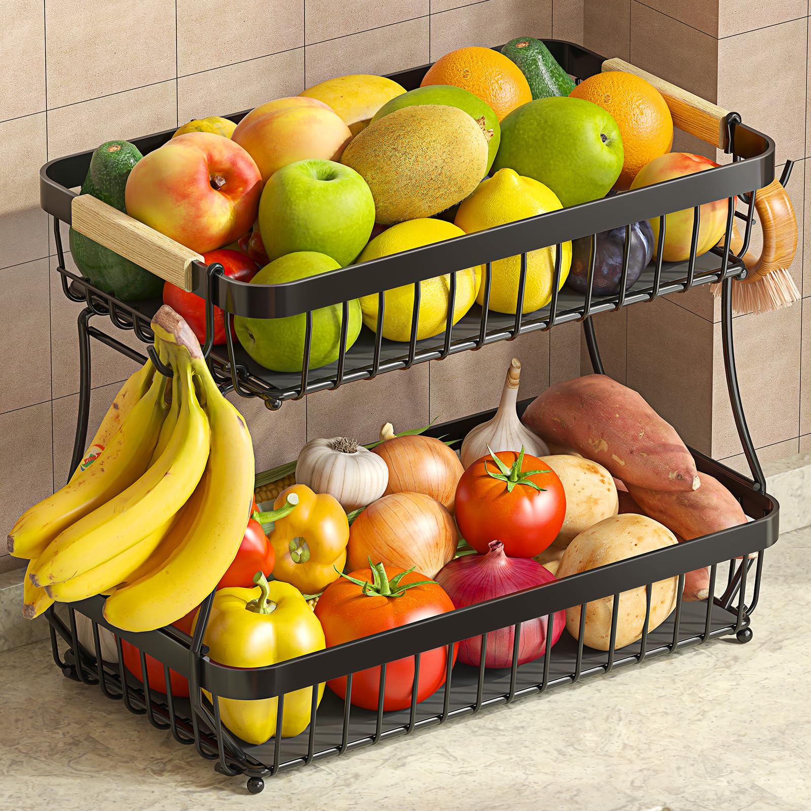 Sevenblue 2-stöckiger Obstkorb für die Küchenzeile mit 2 beweglichen Bananenhaken, 2025 Pro abnehmbare Metall-Obstschale mit Holzgriff, Obsthalter für Brot, Snacks, Gemüse mit Schutzmatten