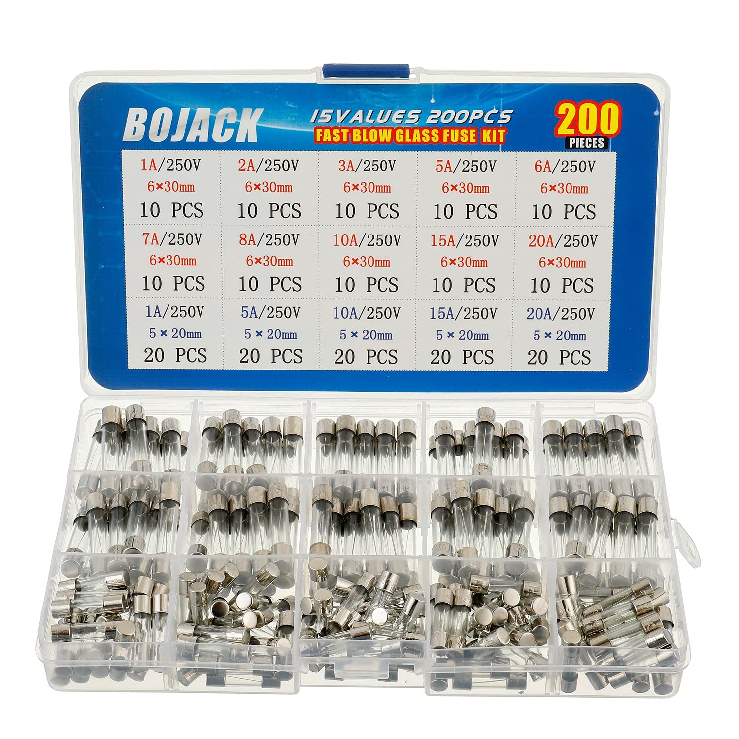 BOJACK 15 Werte 200 Stück Schnellschlag-Glassicherungen Sortiment Kit 5x20mm 250V 1 5 10 15 20A 6x30mm 250V 1 2 3 5 6 7 8 10 15 20A Ampere in einer durchsichtigen Kunststoffbox