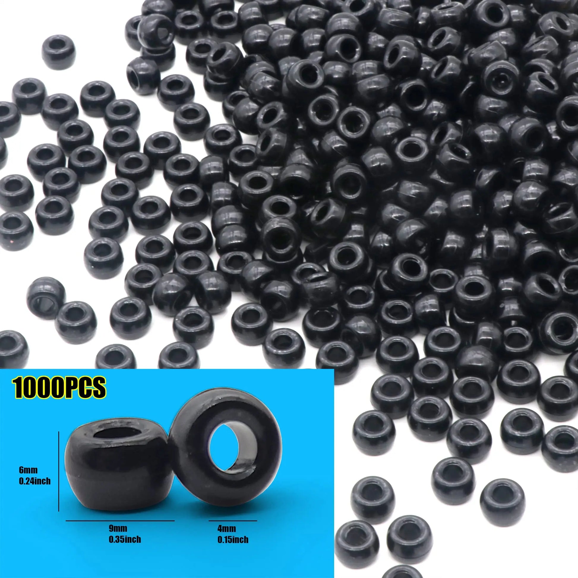 Auvoau 1000Pcs Pony Beads Bracelet 9mm Black Plastic Barrel Pony Beads for Necklace,Hair Beads for Braids,Key Chain,Jewelry Making (Black)