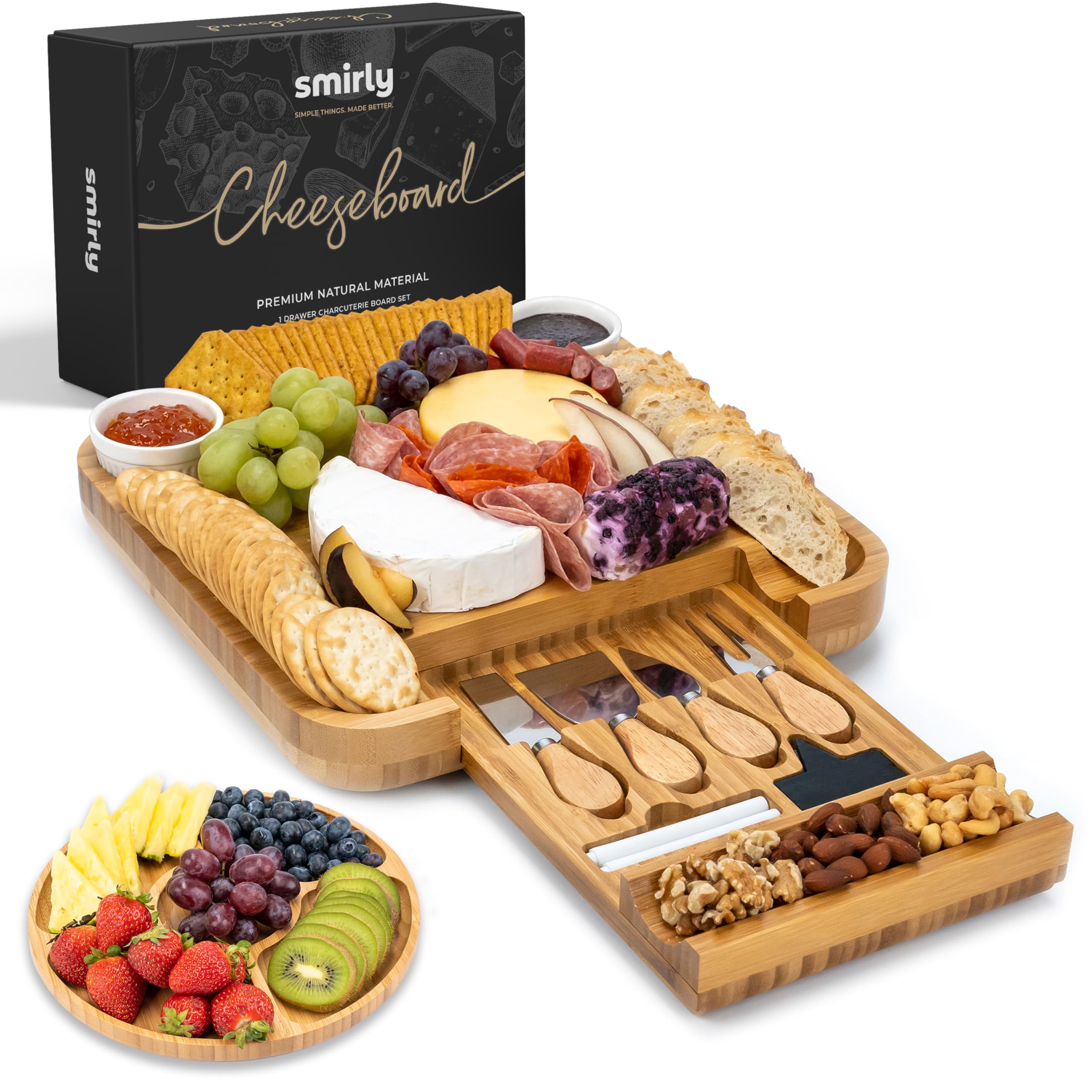 Smirly Servierplatte Set – Großes Bambus-Käsebrett zum Servieren – Einweihungsgeschenk, Geschenk für neues Zuhause, Hochzeitsgeschenk & Geschenk zur Brautparty, Geburtstagsgeschenk für Frauen