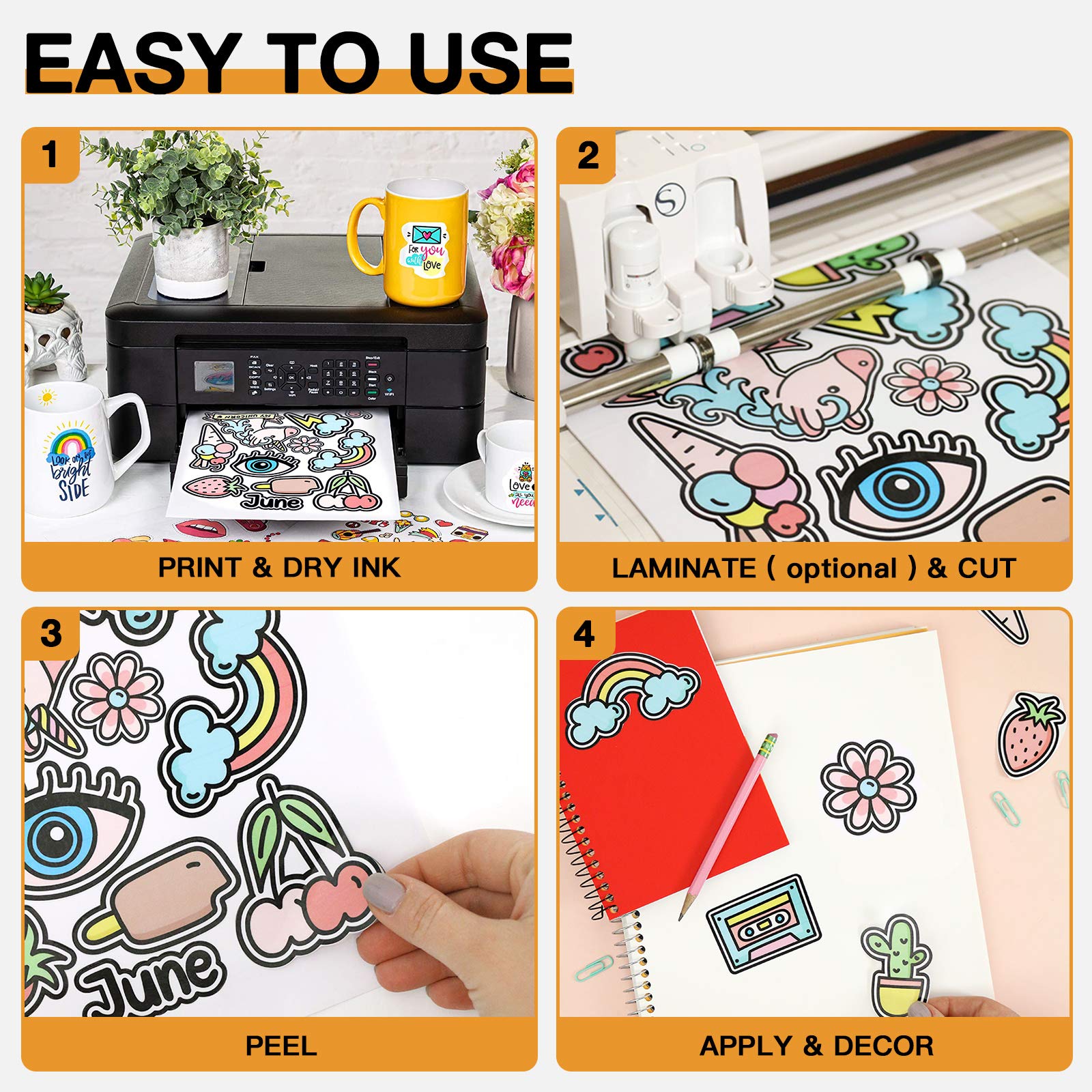 HTVRONT Printable Vinyl for Inkjet Printer & Laser Printer - 40 Pcs Glossy White Waterproof Printable Vinyl Sticker Paper, 8.5"x11"