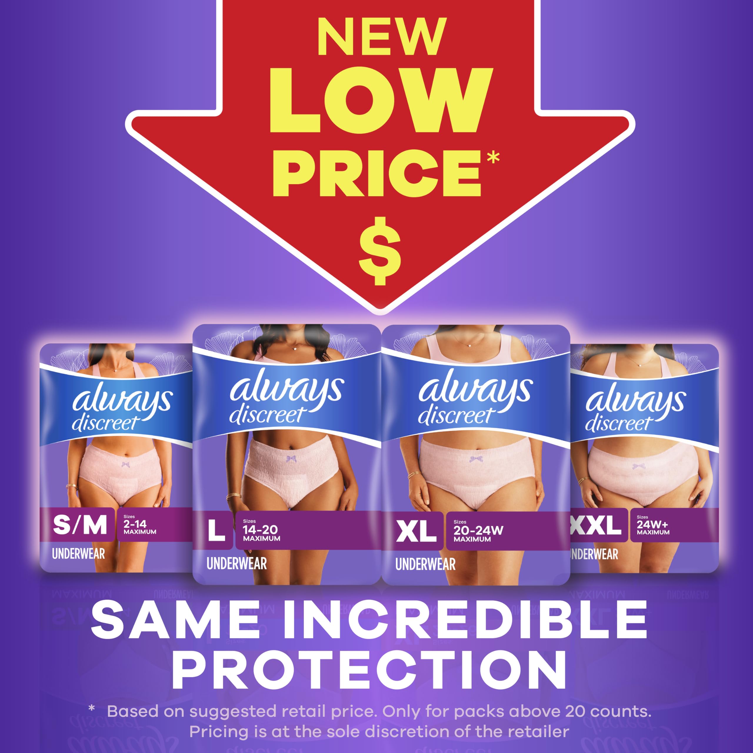 Always Discreet Adult Incontinence Underwear for Women and Postpartum Underwear, Extra Large, Up to 100% Bladder Leak Protection, 64 Count (2 Packs of 32)