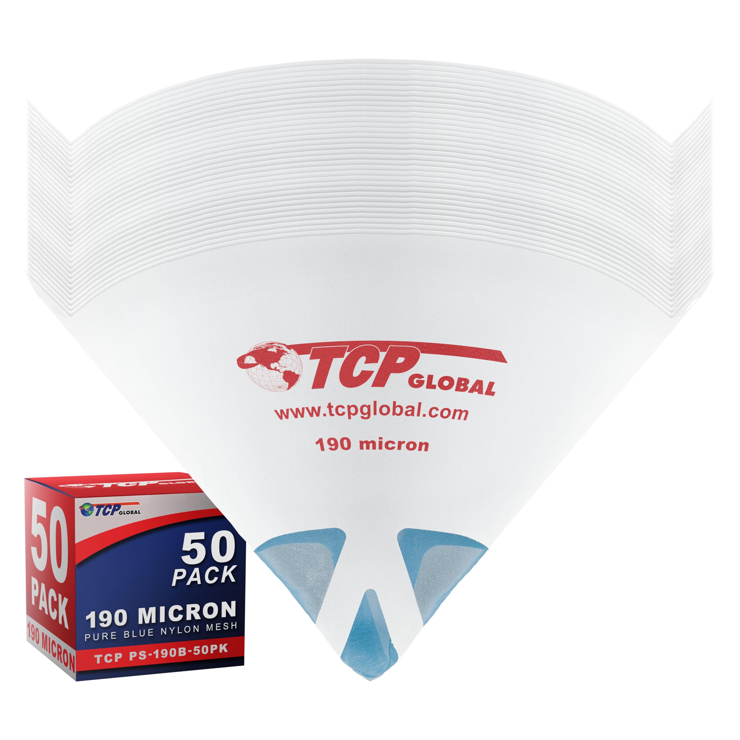 TCP Global - 190 Micron Filterspritzen Ultrafeine Farbsiebe (50er-Pack) - Reines blaues Nylonnetz-Kegelsieb - Farbfilterkegel für Auto, Haus & Hobby