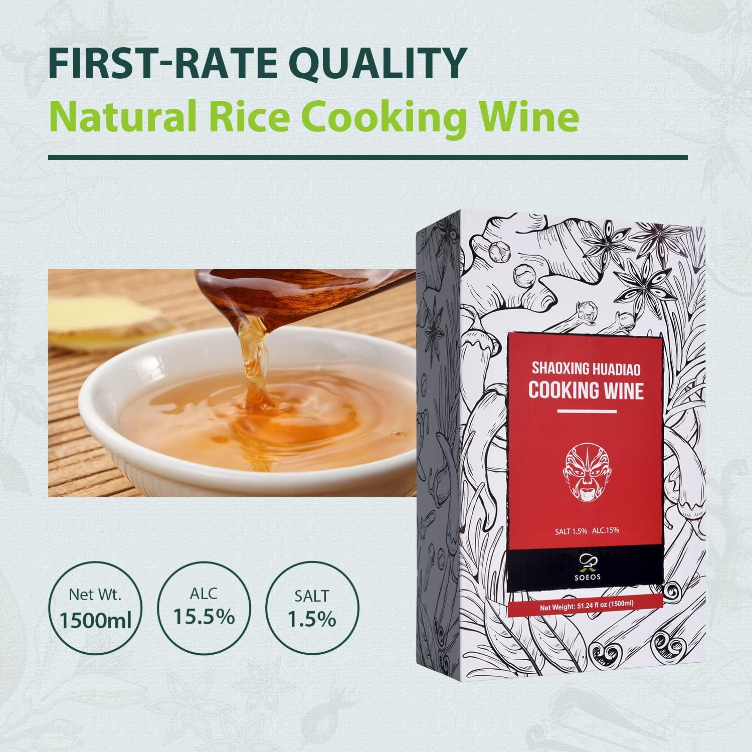 Soeos Shaoxing Cooking Wine, 51.24oz (1500ml), Chinese Cooking Wine, Shaoxing Hua Diao Cooking Wine, Premium Cooing Wine for Asian-Style Cooks