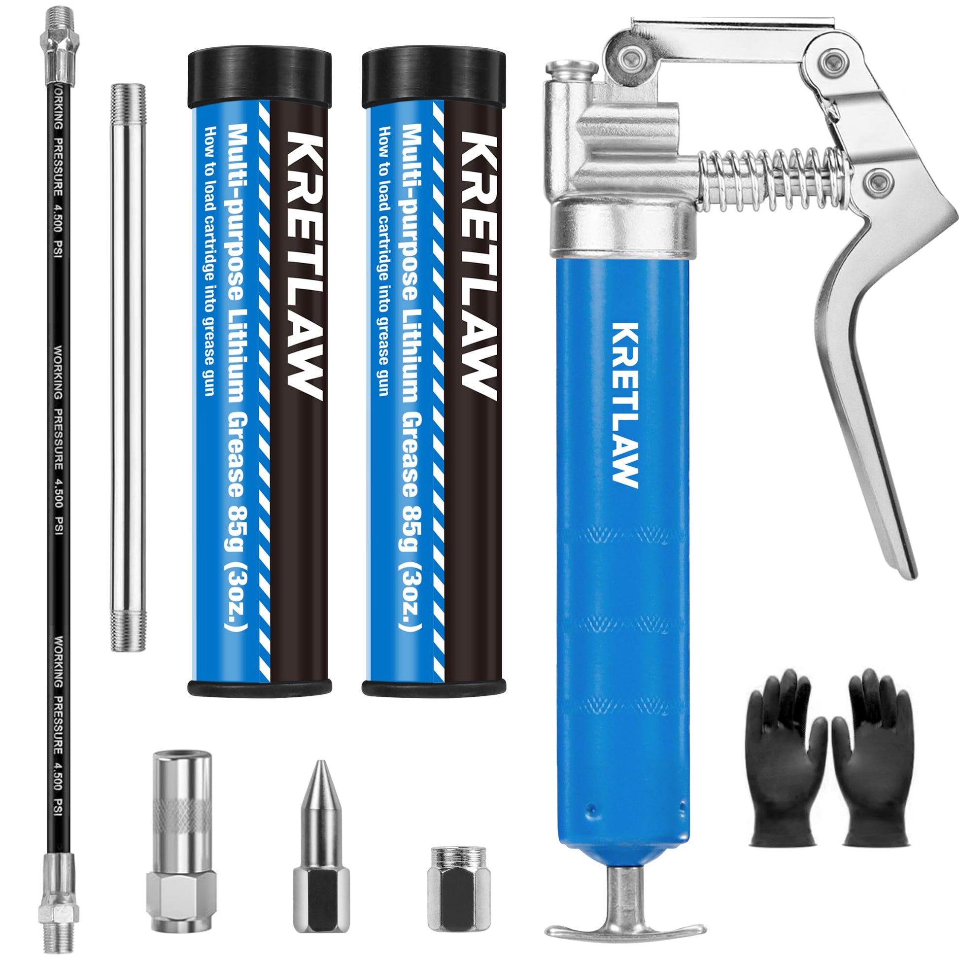 KRETLAW Mini Grease Gun (3000PSI) with Double 3oz Cartridge Grease and 12'' Flex Hose, Reinforced Coupler for Automotive,Marine