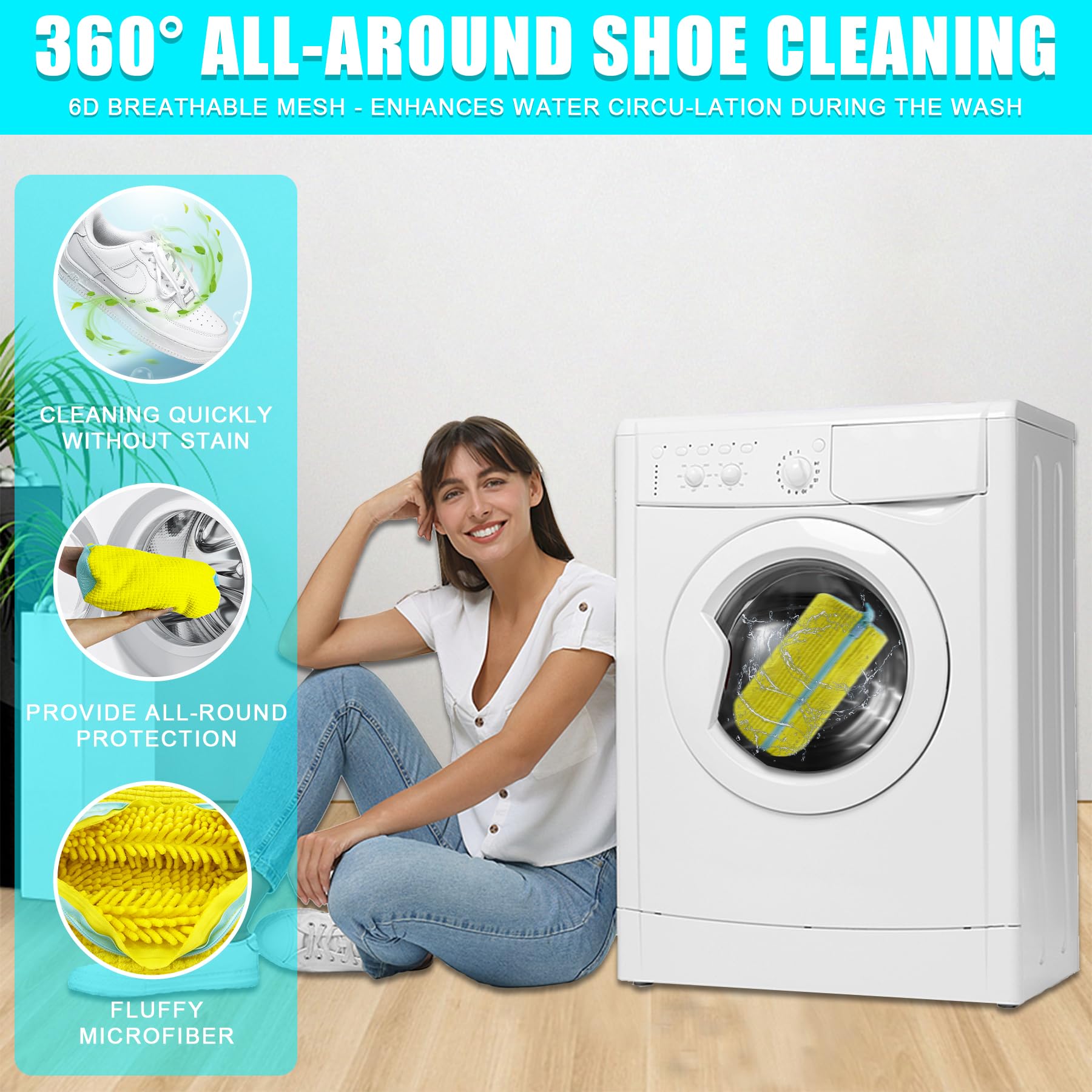 CNEYSID XXL Shoe Washing Machine Bag - 2-Pack Reusable Shoes Cleaning Bags, 360° Deep Clean for Tennis Shoes, Sneakers and Slippers, Includes 2 Shoe Storage Dust Bags (Yellow)