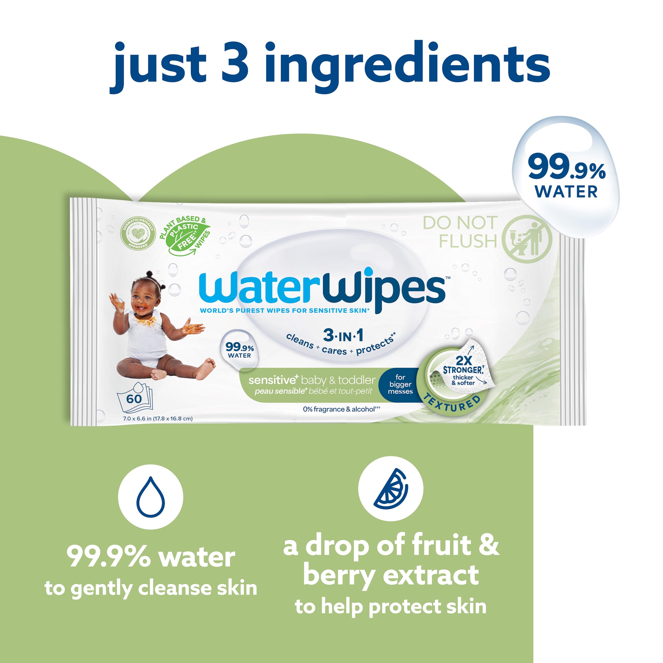 WaterWipes Sensitive+ Baby & Toddler Wipes, 3-In-1 Cleans, Cares, Protects, 99.9% Water, Textured Clean, Unscented & Hypoallergenic, 540 Count (Pack of 9)