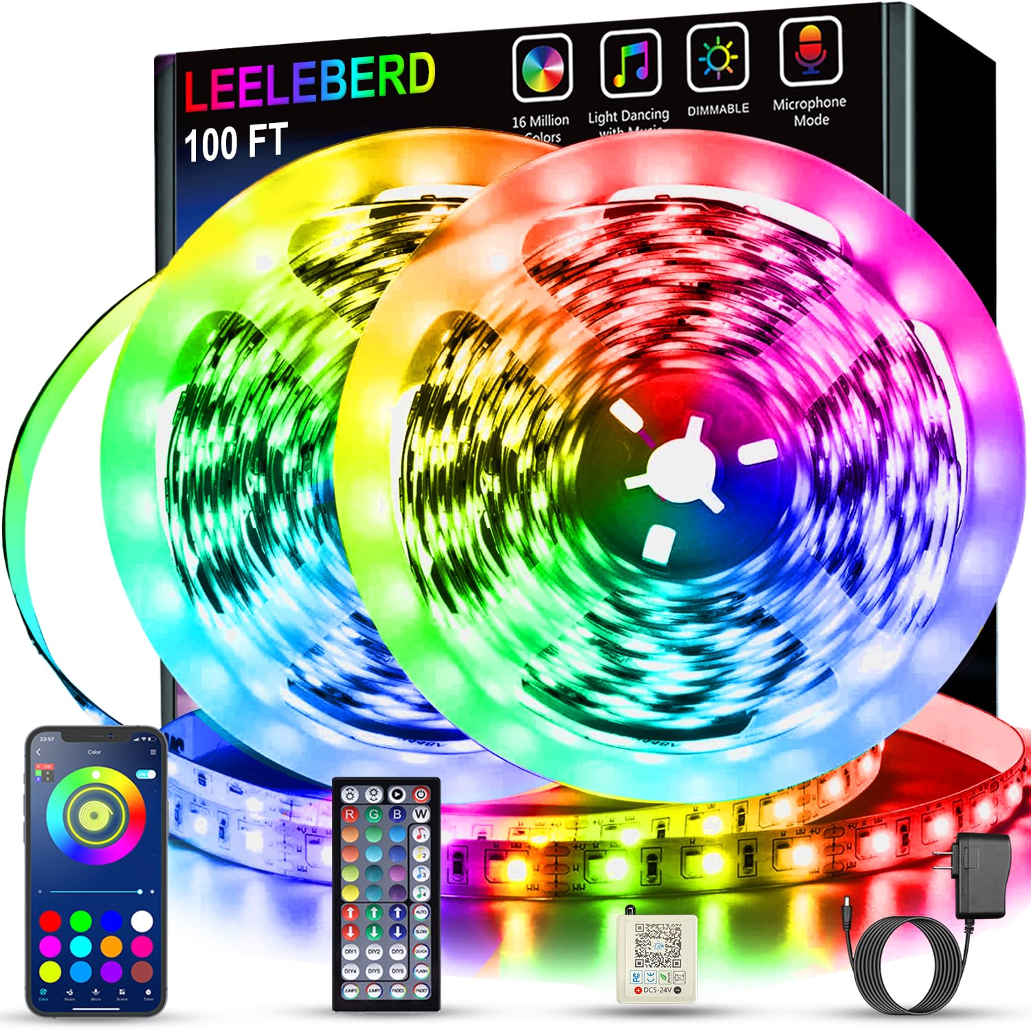 Leeleberd LED-Lichter für Schlafzimmer, 30 m (2 Rollen à 15 m), Musiksynchronisation, farbwechselnde RGB-LED-Streifen mit Fernbedienung, App-Steuerung, Bluetooth-LED-Streifen, Lichter für Zimmer, Zuhause, Küche, Party-Dekoration