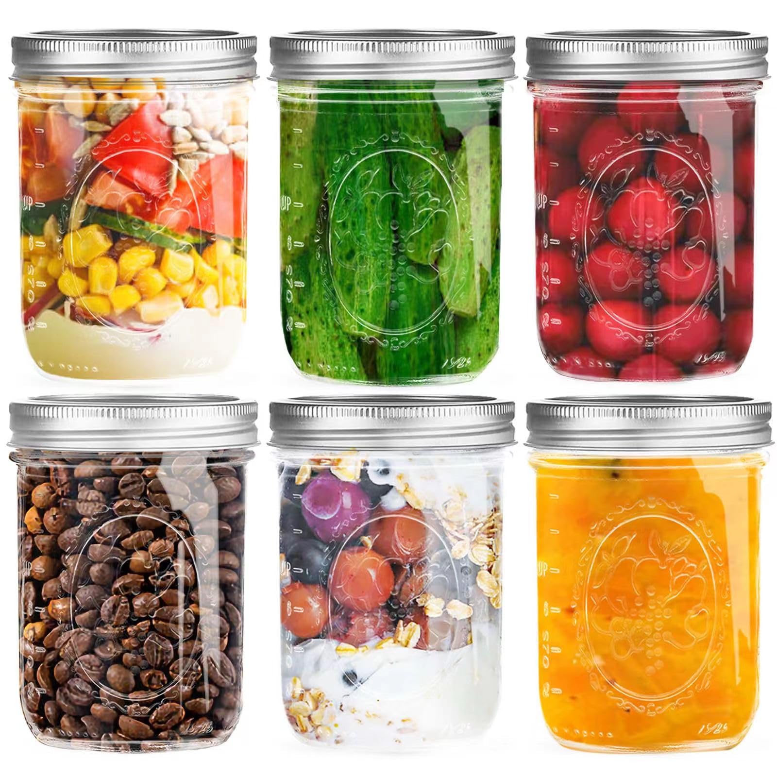 Miuyhji Wide Mouth Mason Jars 16 oz with Lids [6 Pack], Canning Jars with Metal Airtight Lids and Bands, 16 oz Glass Jars for Fermenting, Pickling, Freezing, Preserving, Meal Prep, Jar Decor