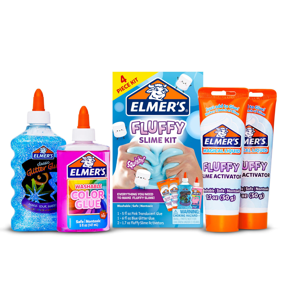 Elmer's Fluffy Slime Kit, Includes Translucent Color Glue, Glitter Glue, Fluffy Slime Activator, 4 Count - Perfect for Parties, Gift, Activity Time