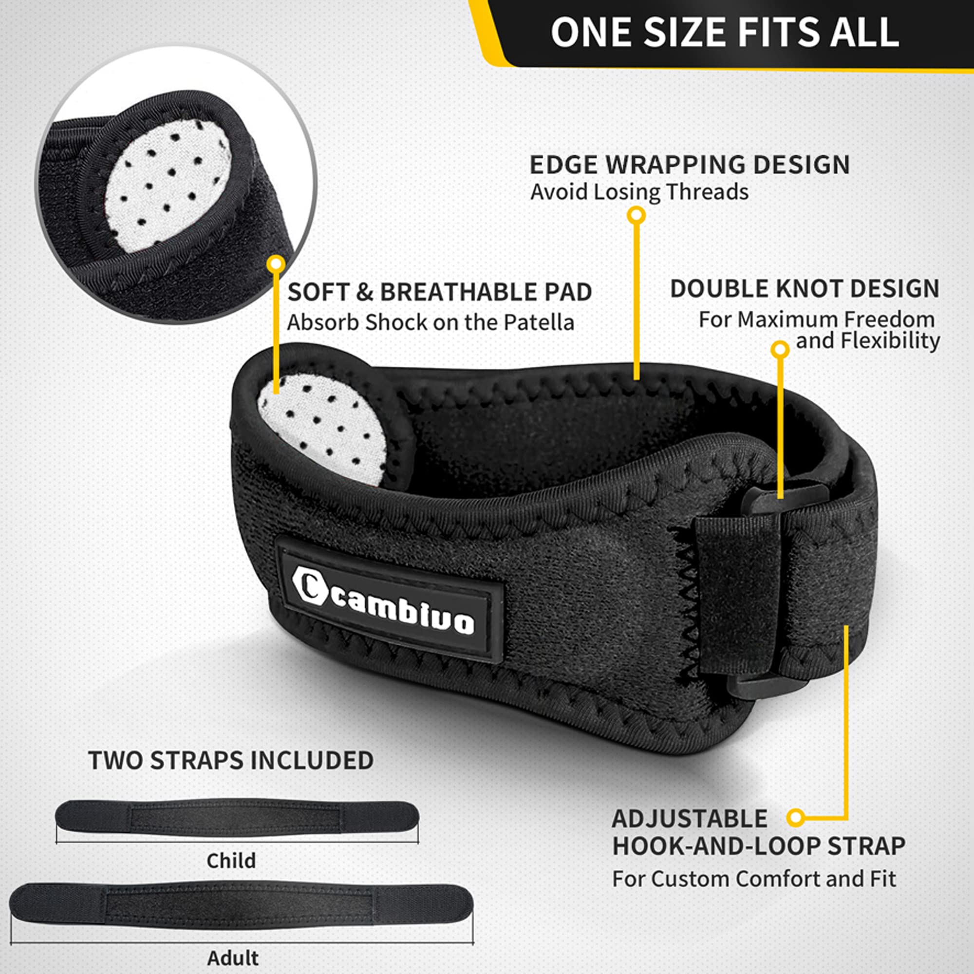CAMBIVO Essential Series Knee Brace for Women and Men (2 Pack), Patella Tendon Support Straps for Knee Pain Relief, Running, Basketball, Hiking, Volleyball, Tennis, Squats (Black)