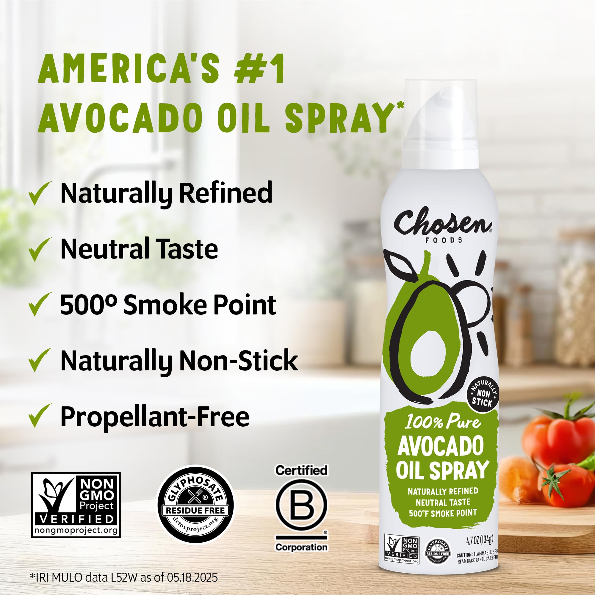 Chosen Foods 100% Pure Avocado Oil Spray, Keto Diet Friendly, Kosher Cooking Spray for Baking, High-Heat Cooking and Frying (6 oz, 3 Pack)
