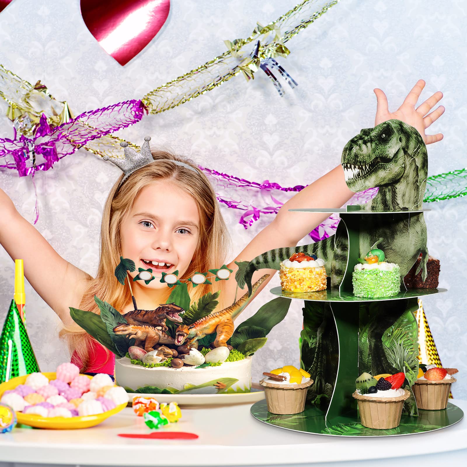 3 Tier Dinosaur Cupcake Stand Party Decorations Dinosaur Theme Cupcake Holder Decorations Dino Dessert Tower for Kids Dino Jungle Theme Party Birthday Supplies(Realistic)