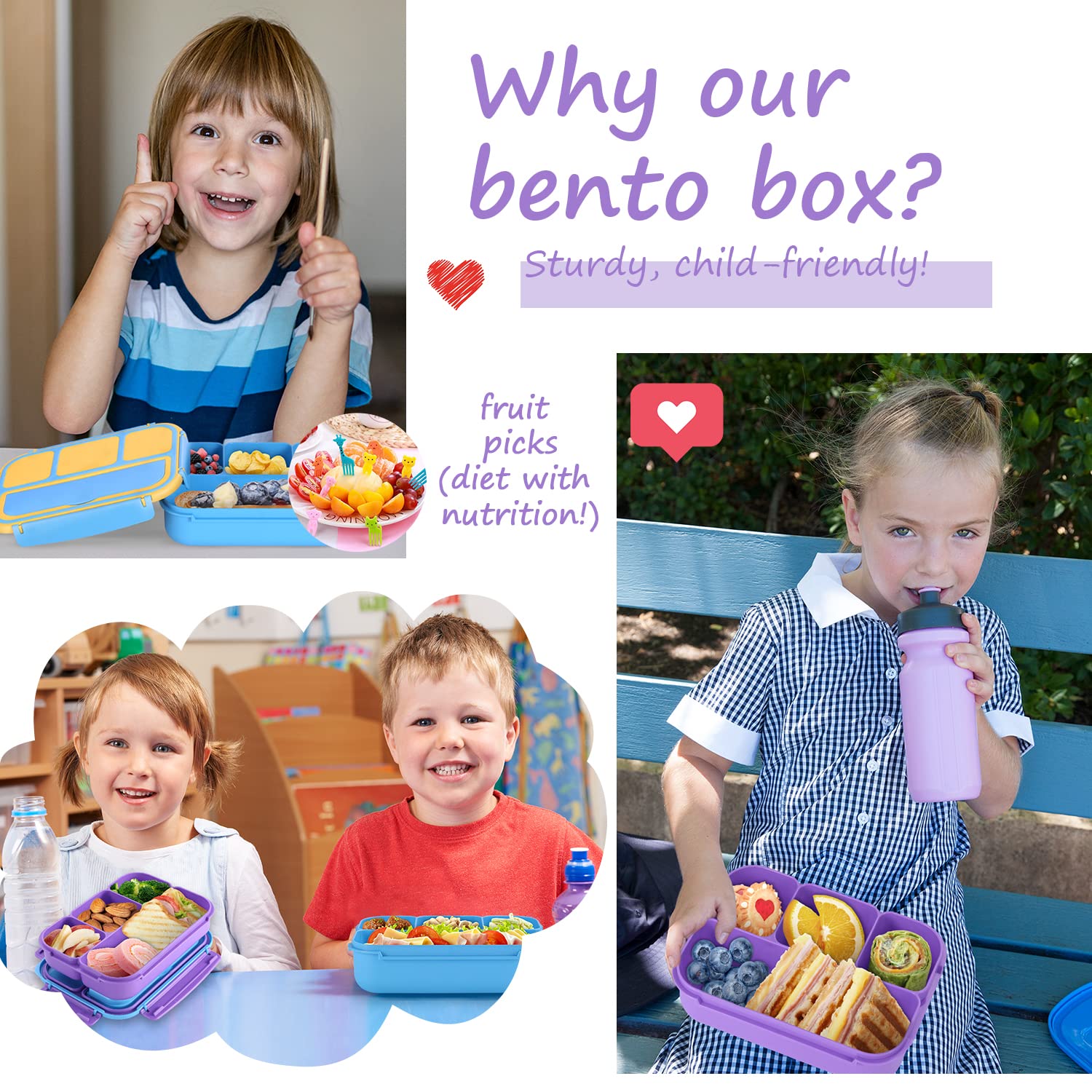 QQKO Bento Lunch Box for Kids Girls Boys, Toddler Kids Lunch Boxes for School, Lunch Containers for Adults with 4 Compartments, Sauce Container, Utensils, Food Picks and Muffin Cups, Purple