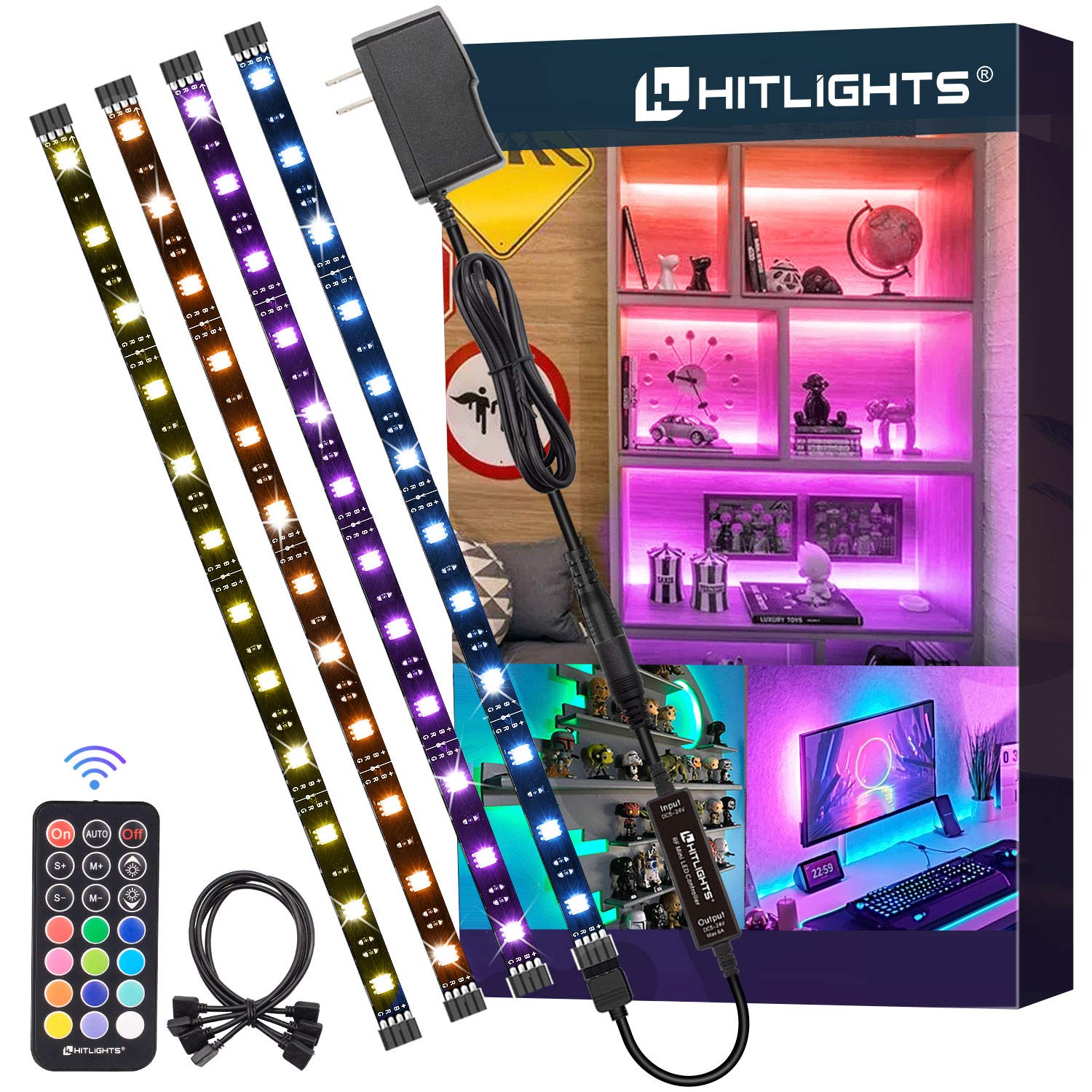 LED-Streifenlichter, HitLights 4 vorgeschnittene 30cm/1,2m kleine Lichtstreifen dimmbar, RGB 5050 Farbwechsel-LED-Bandlicht mit Fernbedienung und UL-gelistetem Adapter für TV-Hintergrundbeleuchtung, Schlafzimmer, Schrankregalauslage