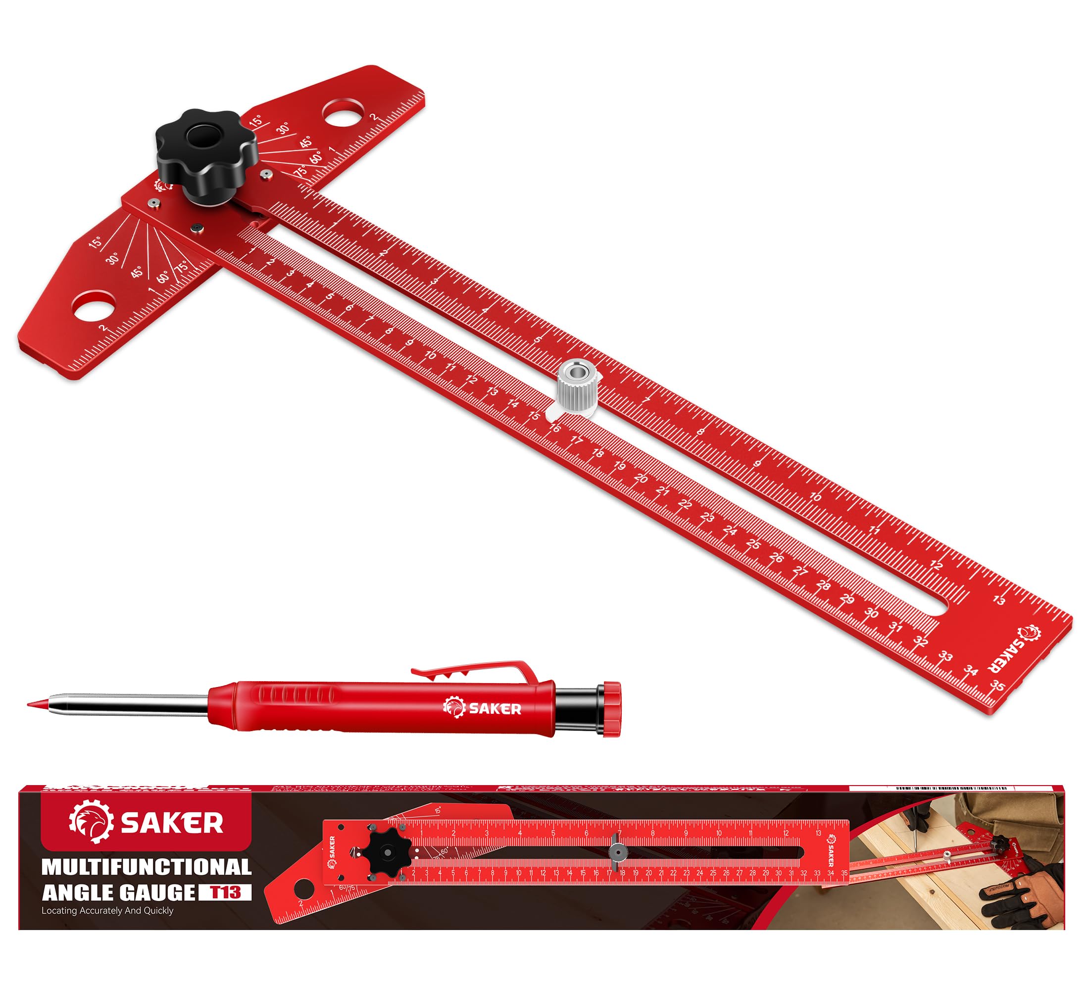 Saker Holzbearbeitungsschreiber Anreißlehre, verstellbares T-Winkel-Lineal aus Aluminiumlegierung, präzises Anreißlineal mit Winkeleinstellskala