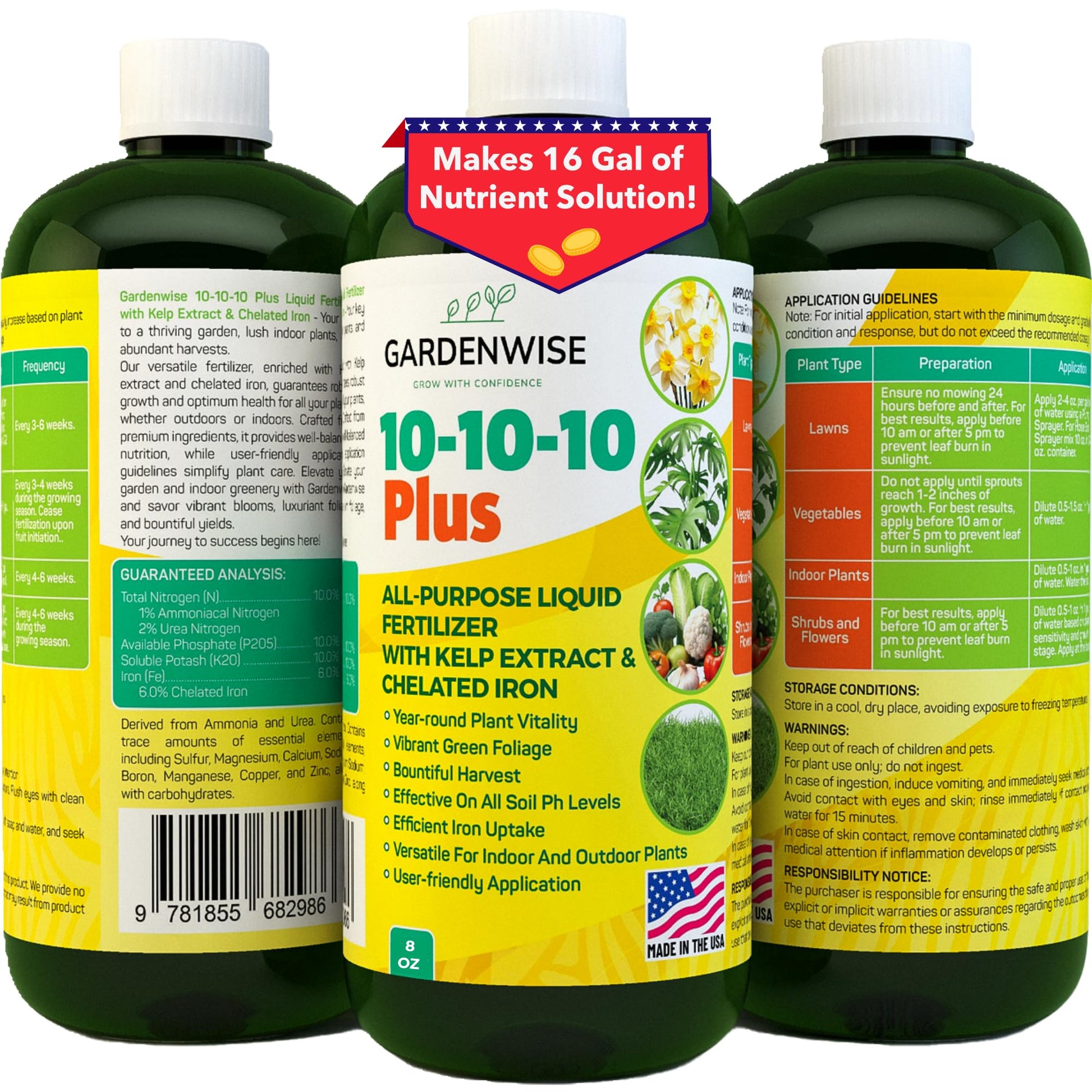 GARDENWISE 10-10-10 All Purpose Plant Food - Liquid Fertilizer with Seaweed Kelp & Iron - Indoor & Outdoor Plant Food, Vegetables, Flowers, Lawn & Garden 1x8oz