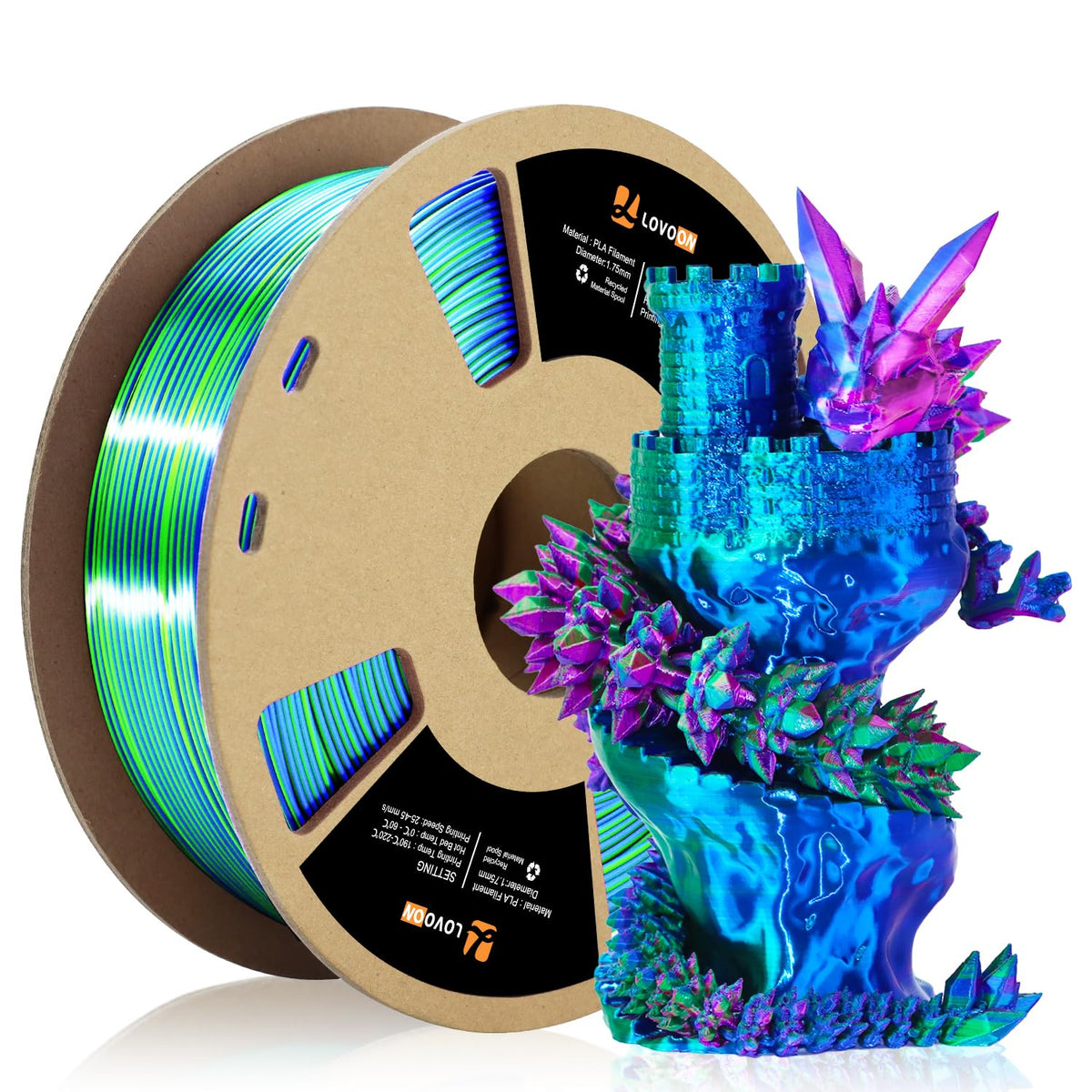 LOVOON 3D Printer Filament, Tricolor PLA Filament 1.75mm Silk Rainbow Filament Green-Red-Blue, 3D Printing Accessories PLA Filament Multicolor, Dimensional Accuracy +/-0.02mm, 2.2lbs/Spool