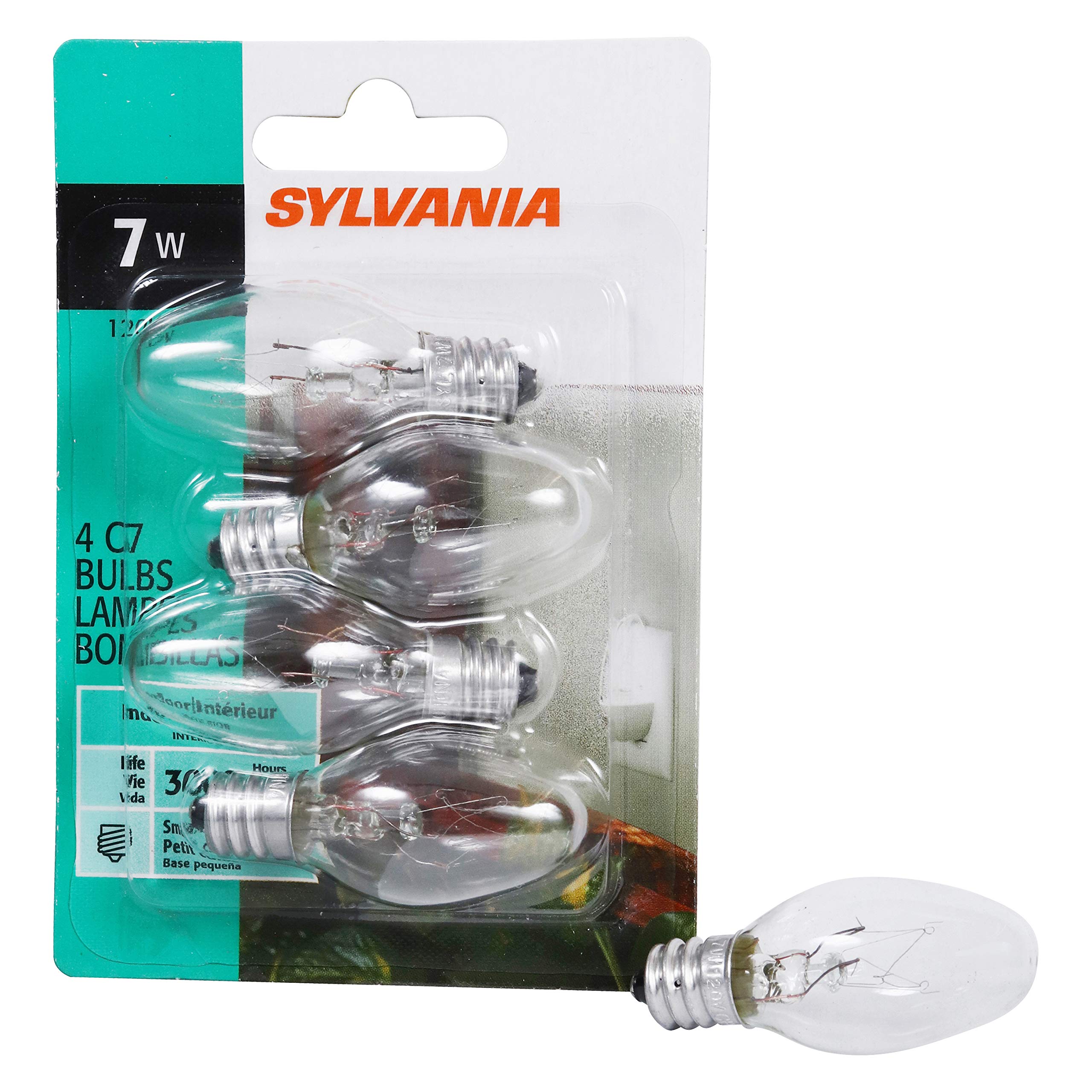 SYLVANIA Glühlampe 7W C7 Nachtlicht, E12 Kandelaberfassung, 40 Lumen, klare Oberfläche, 2850K, warmweiß - (13545), 4 Stück (1er-Pack)