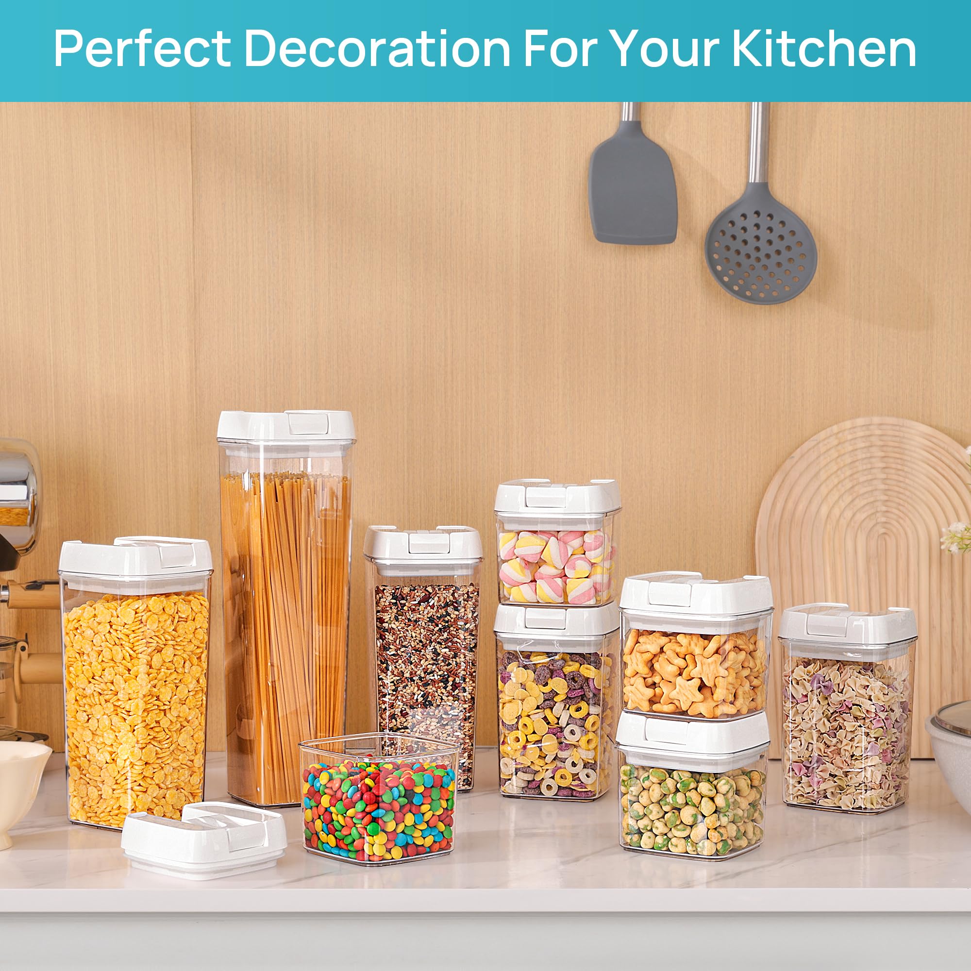 Vtopmart Airtight Food Storage Containers, 7 Pieces BPA Free Plastic Cereal Organizer Canisters with Easy Lock Lids, for Kitchen Pantry Organization, 24 Labels, White