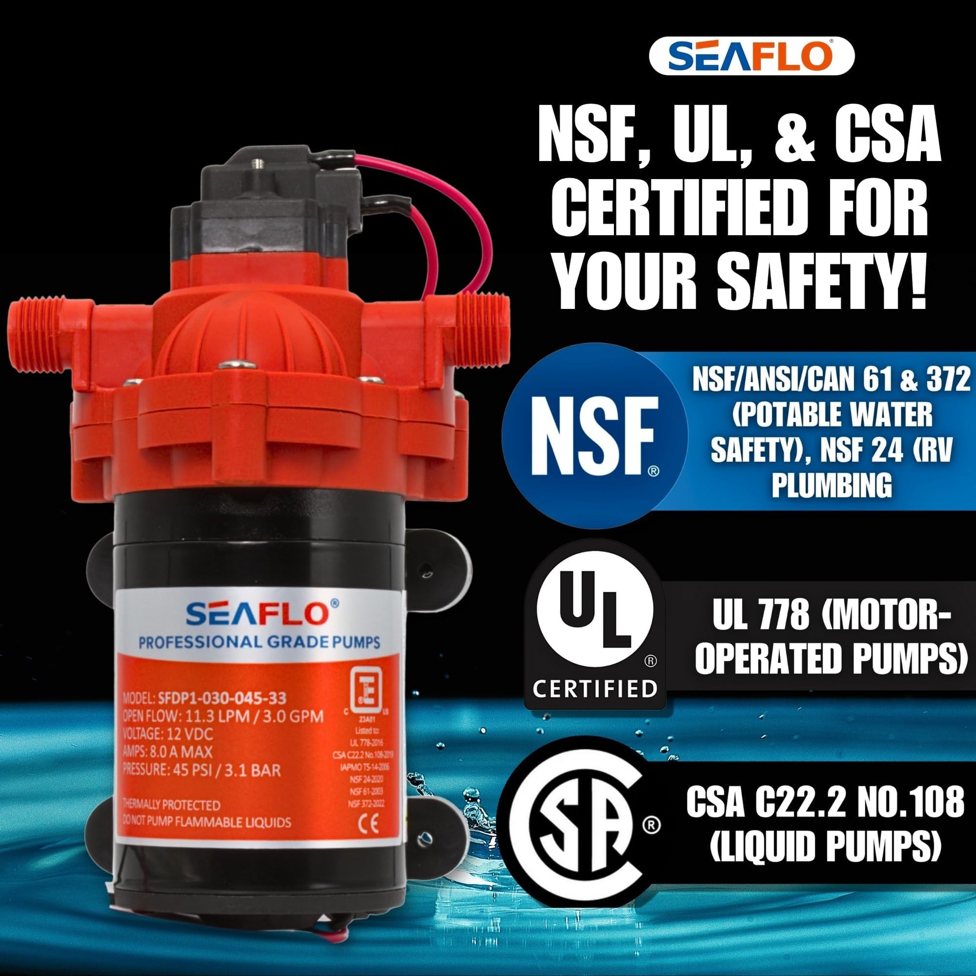 SEAFLO 33 Series 12V DC RV/Camper/Boat/Off-Grid Fresh Water Pressure Pump –12V, 3.0 GPM, 45 PSI, On Demand Self-Priming, Built-In Pressure Switch - NSF, CE & Rohs Certified, UL Listed, 4-Year Warranty