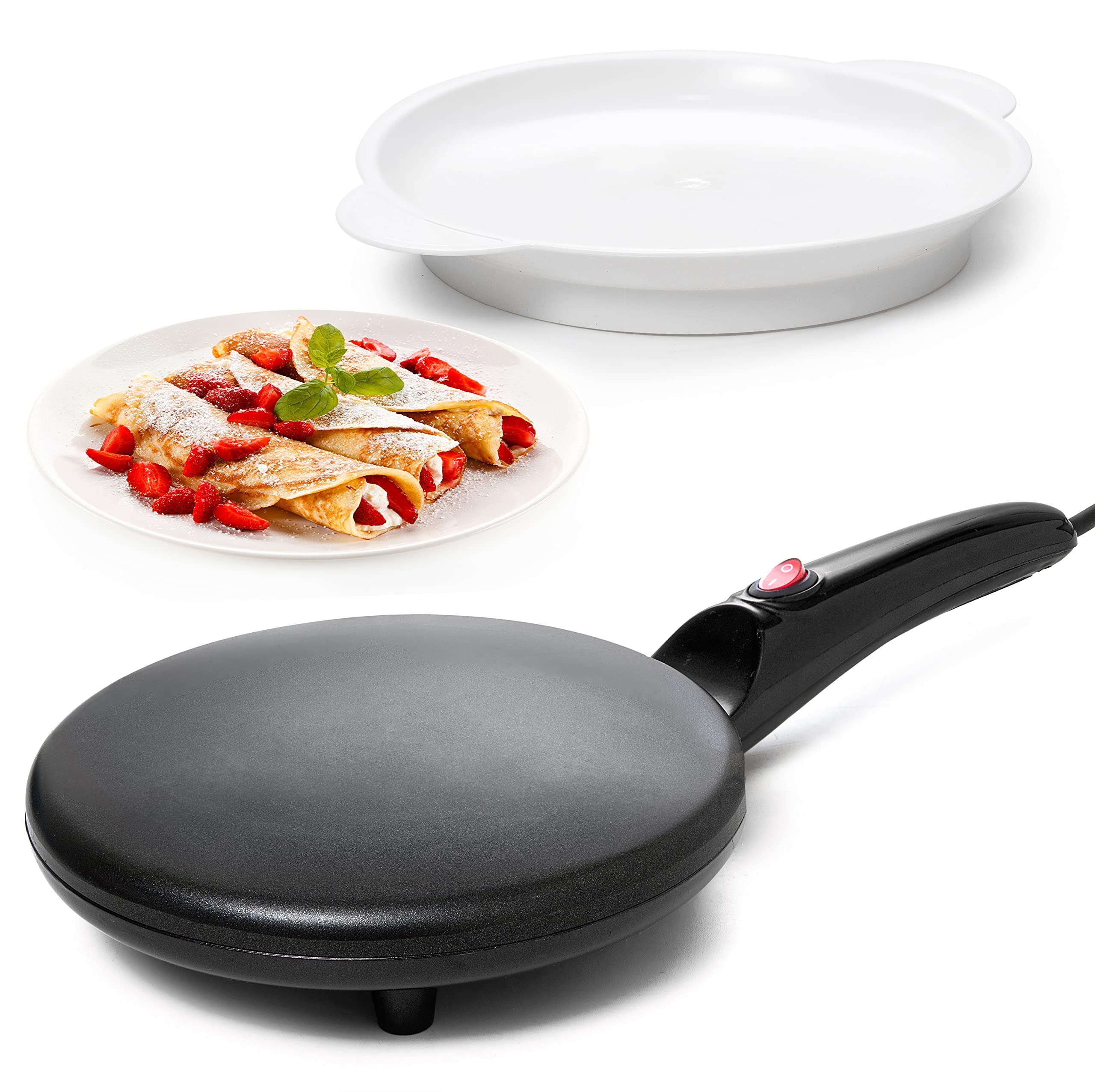 Moss & Stone Electric Crepe Maker - 8" Portable Crepe Pan Nonstick with Dipping Plate, Auto Shut-Off, On/Off Switch, Even Heating & One Automatic Temperature Control - Compact Crepe Maker