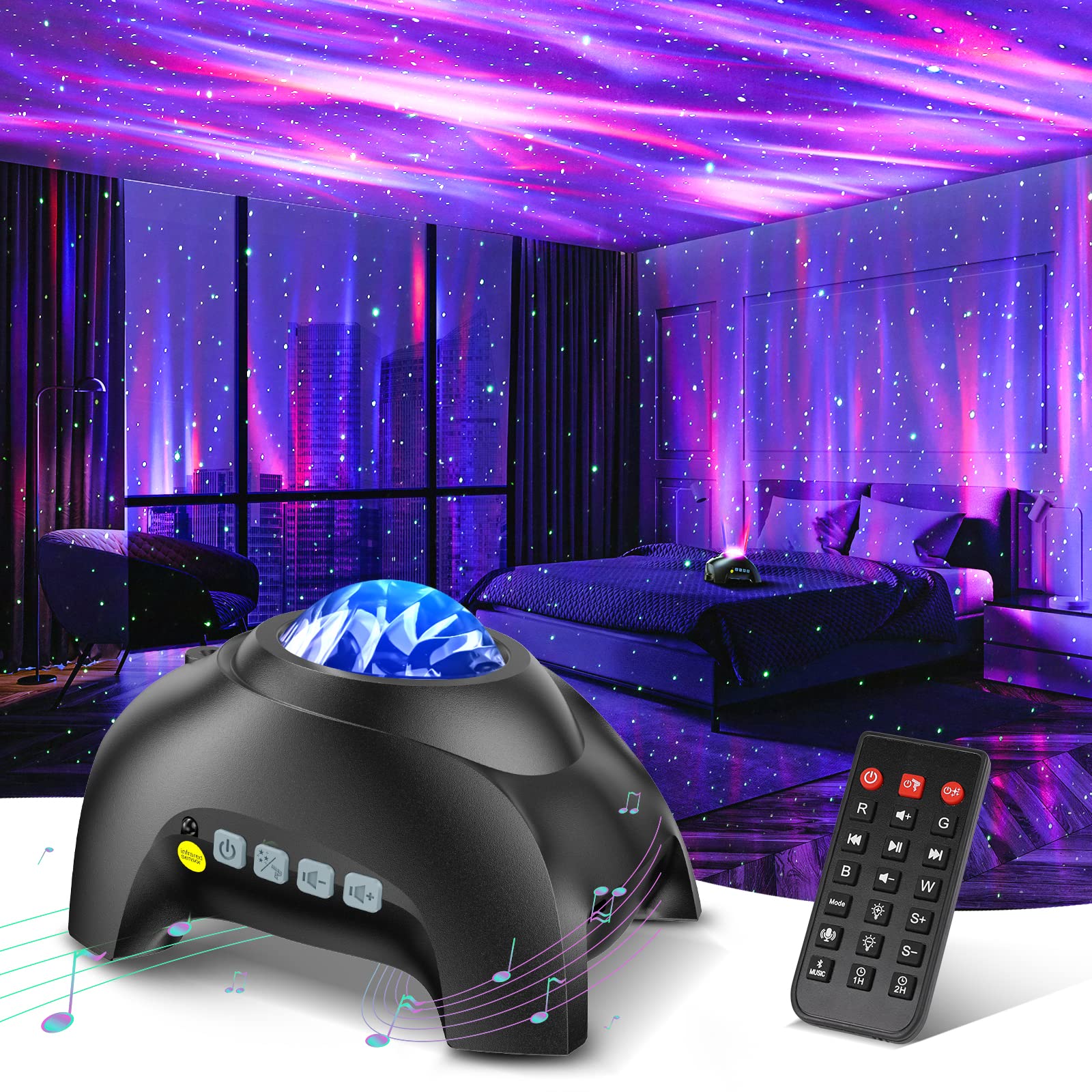 Northern Galaxy Light Aurora Projektor mit 33 Lichteffekten, LED Sternenprojektor für Schlafzimmer, Nebellampe, Fernbedienung, Weiße Geräusche, Bluetooth-Lautsprecher für Partys