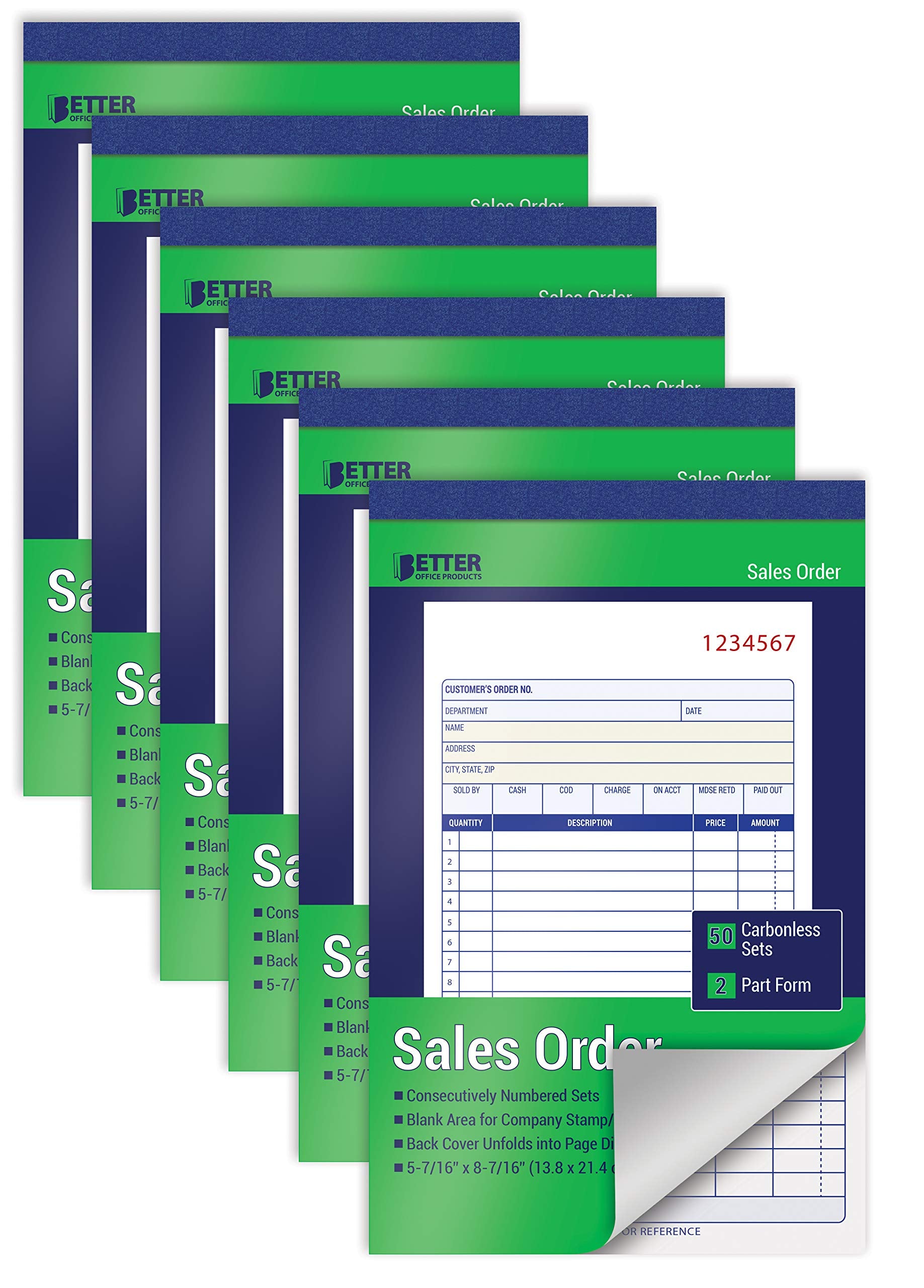 Better Office Products Large Sales Order Books, 6 Pack, 2-Part Carbonless (White/Canary Yellow), 5-7/16 x 8-7/16 inches, 50 Sets per Book, 300 Total Sets, 6 Books