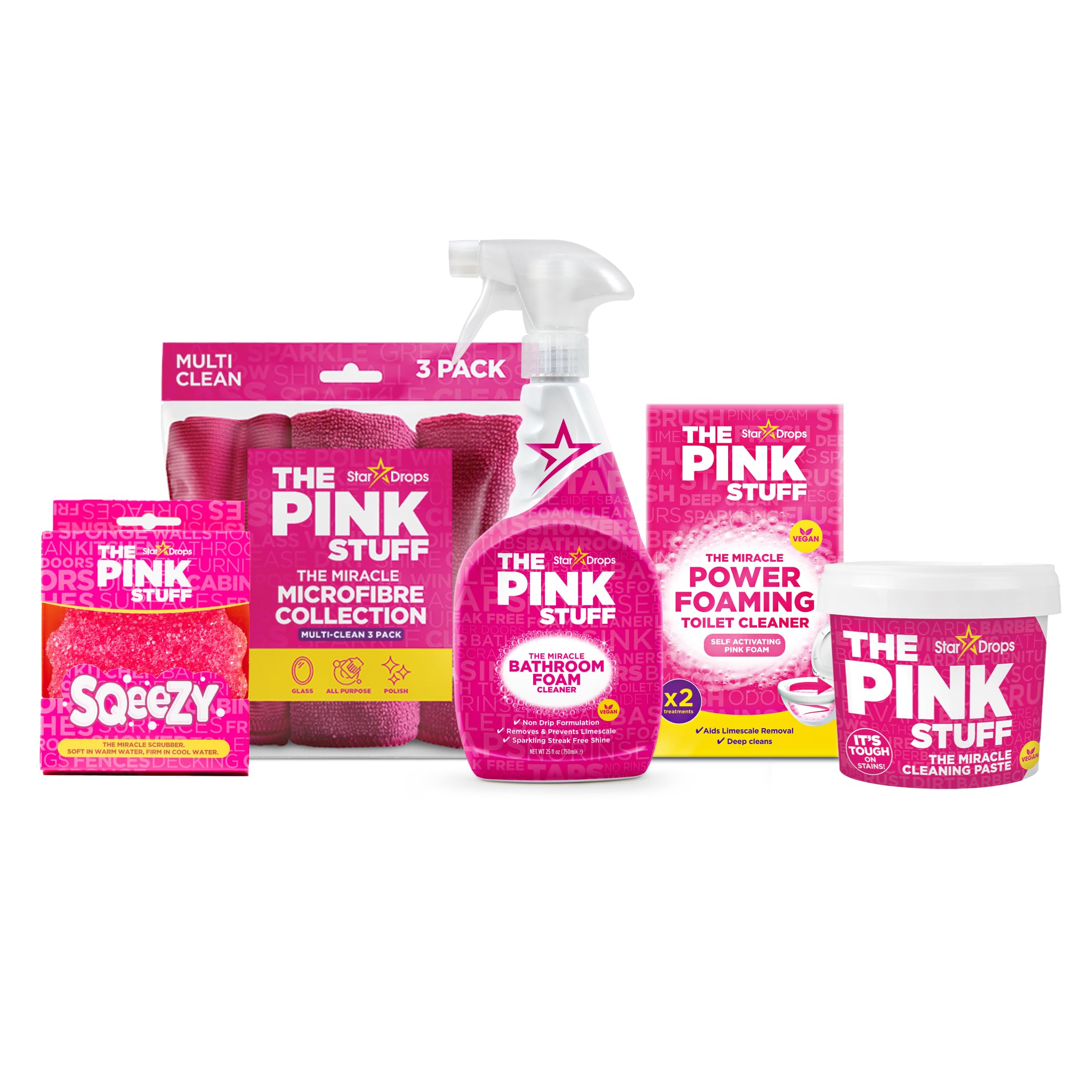 Stardrops - The Pink Stuff Bathroom Cleaning Kit - Cleaning Paste, Bathroom Foam Spray, Toilet Foaming Powder, SQeeZY Sponge & 3 Microfiber Cloths - Tough on Stains, Grease & Soap Scum
