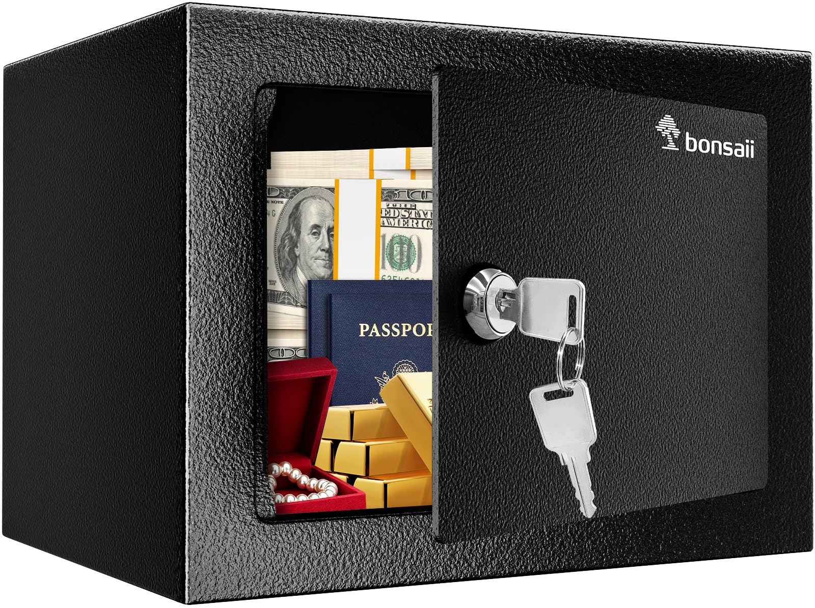 Bonsaii Safe Box mit Schlüsselschloss, Sicherheitsbox aus Stahl, 6,5 Liter, 23 cm B x 17 cm T x 17 cm H, kleiner versteckter Safe für Bargeld und Schmuck