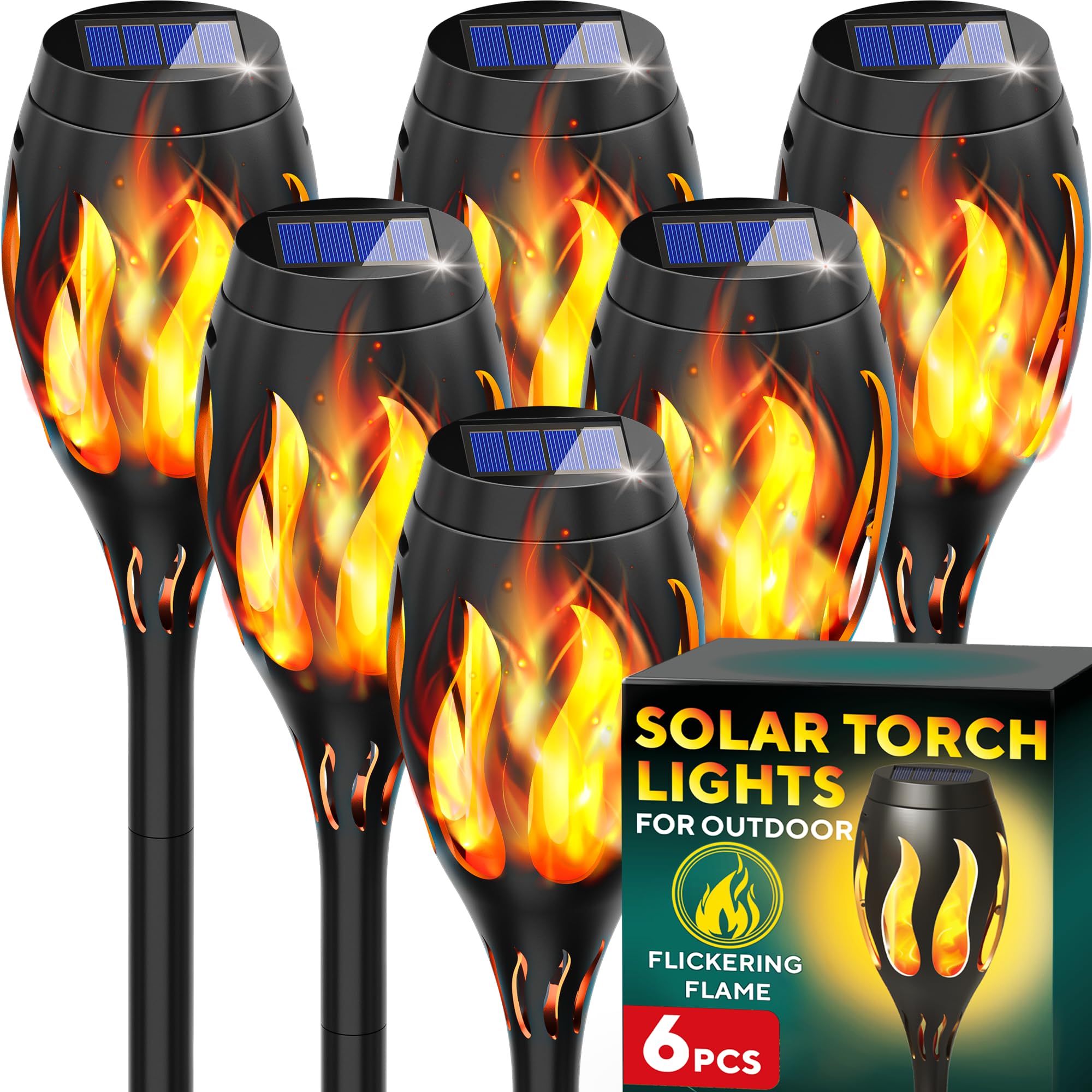 Wunderschöne Solarleuchten für draußen 6er-Pack – Premium Solar-Tiki-Fackeln mit Flackerflamme – Wasserdicht, automatische Ein-/Ausschaltung – Perfekt für Ihren Außenbereich, Hof, Terrasse, Weg & Garten