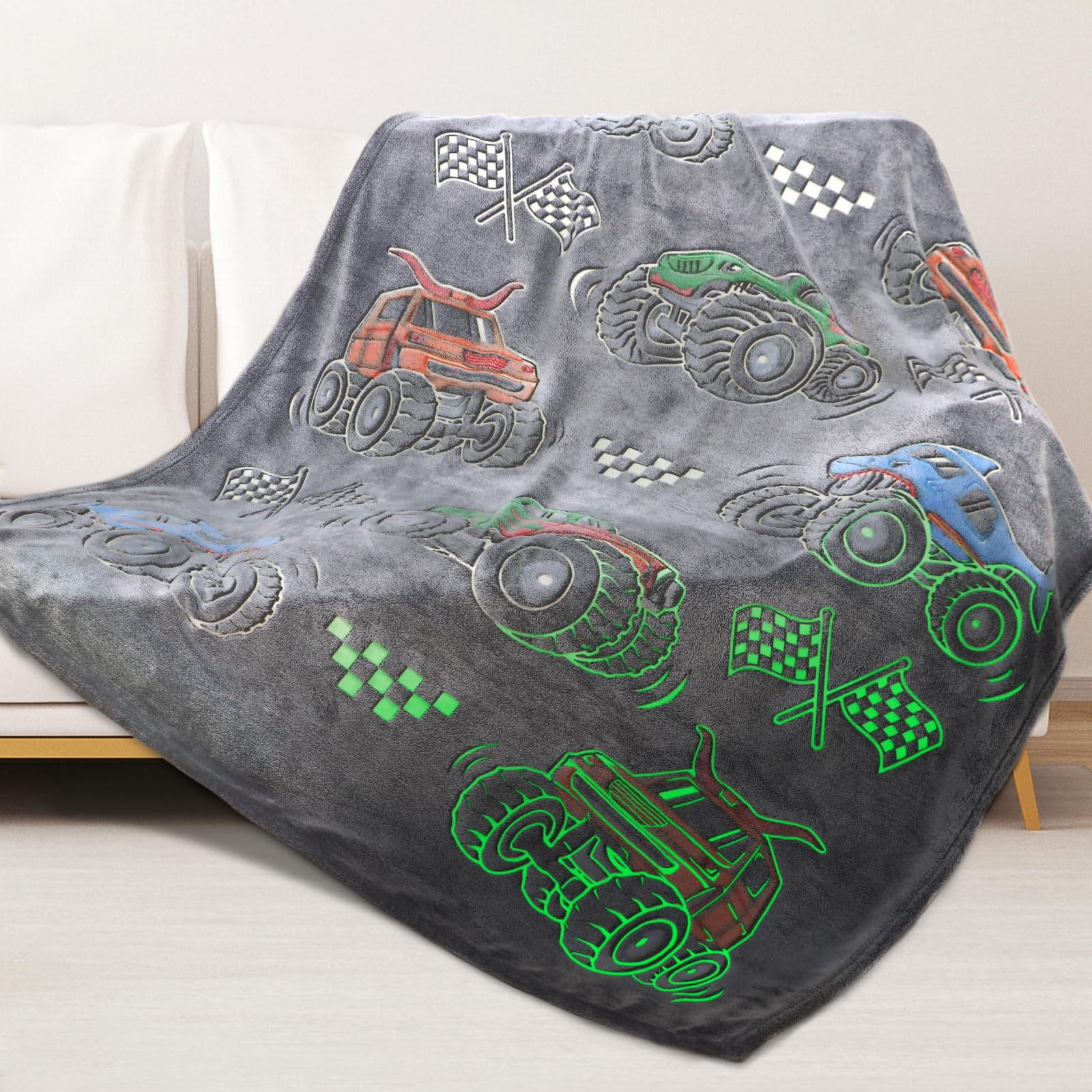 Jungen LKW Auto Spielzeug Einzigartige Geschenke für Kinder Leuchtende Decke im Dunkeln Glühende Cartoon Traktor Kuscheldecke Weiche Fleecedecke Bagger Raum Bett Sofa Dekor Decken