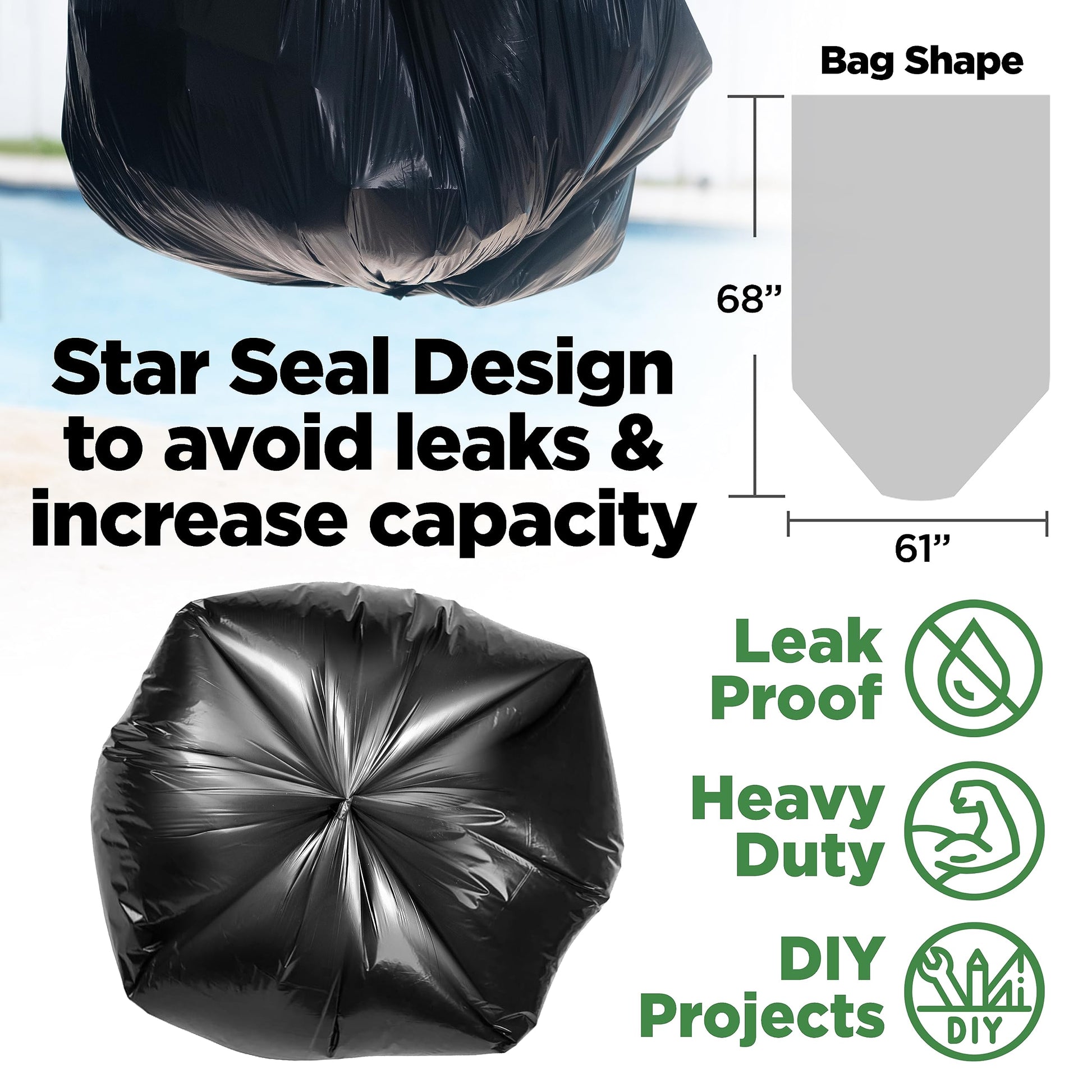 ToughBag 95-96 Gallon Trash Bags Heavy Duty (25 Count) - Extra Large Black Garbage Can Liners for 90-100 Gallon Cans - Made in USA