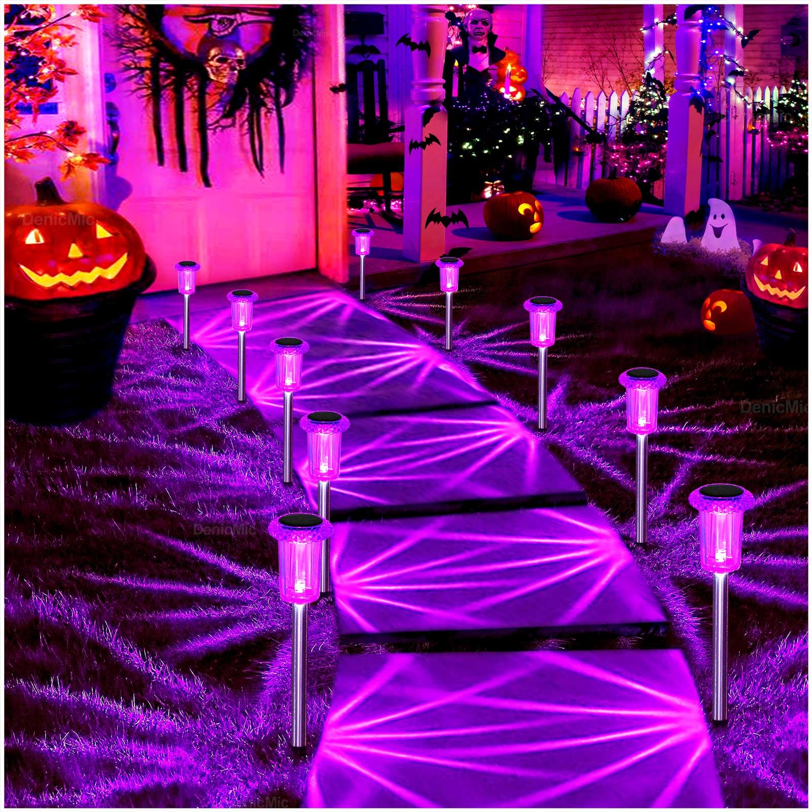 DenicMic Halloween Solarleuchten Outdoor 10er-Pack Lila LED Wasserdicht Hof Garten Terrasse Hinterhof Gehweg Landschaftsweg Rasen Außen Halloween Dekorationen Außen
